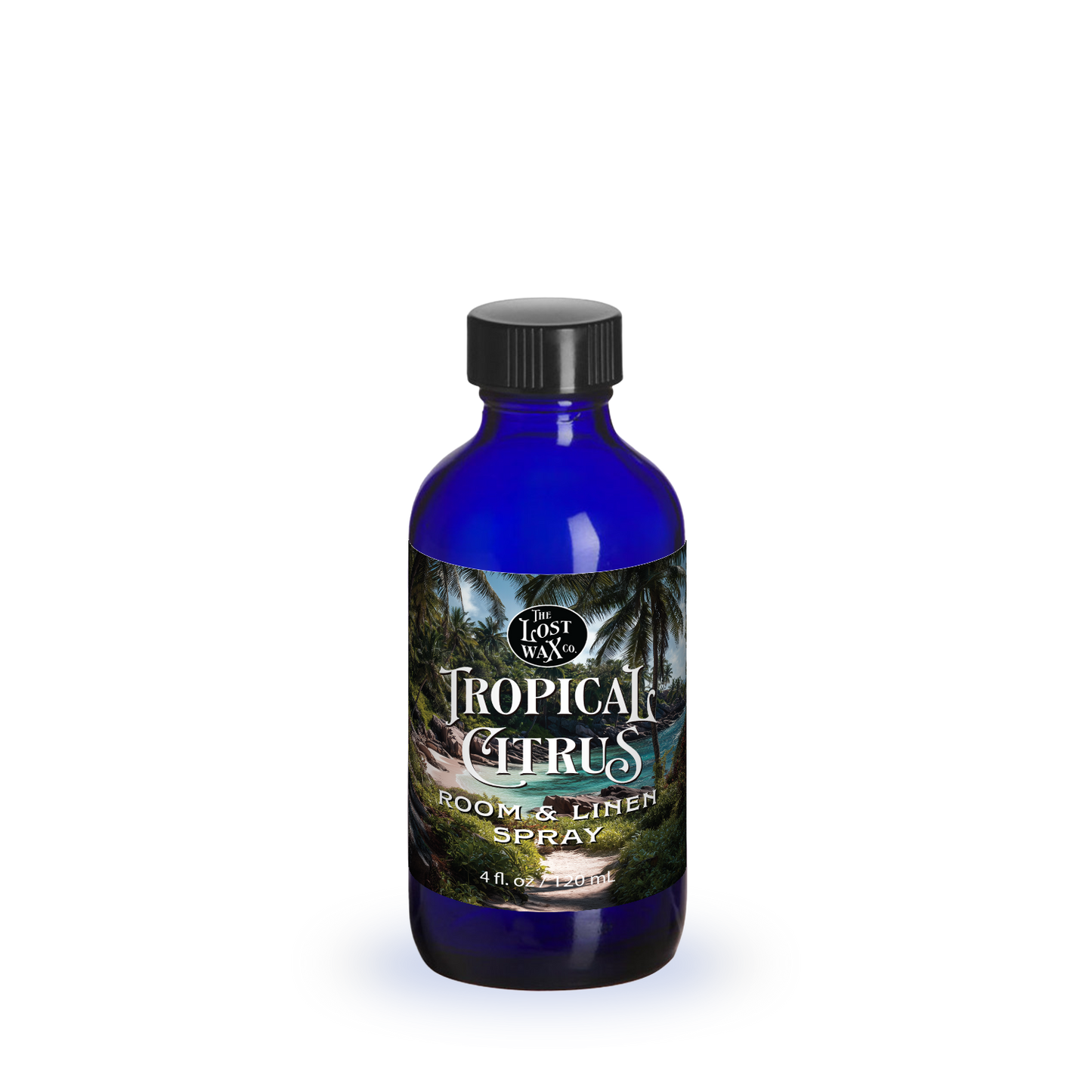 Blue bottle with a label featuring a tropical scene on a white background