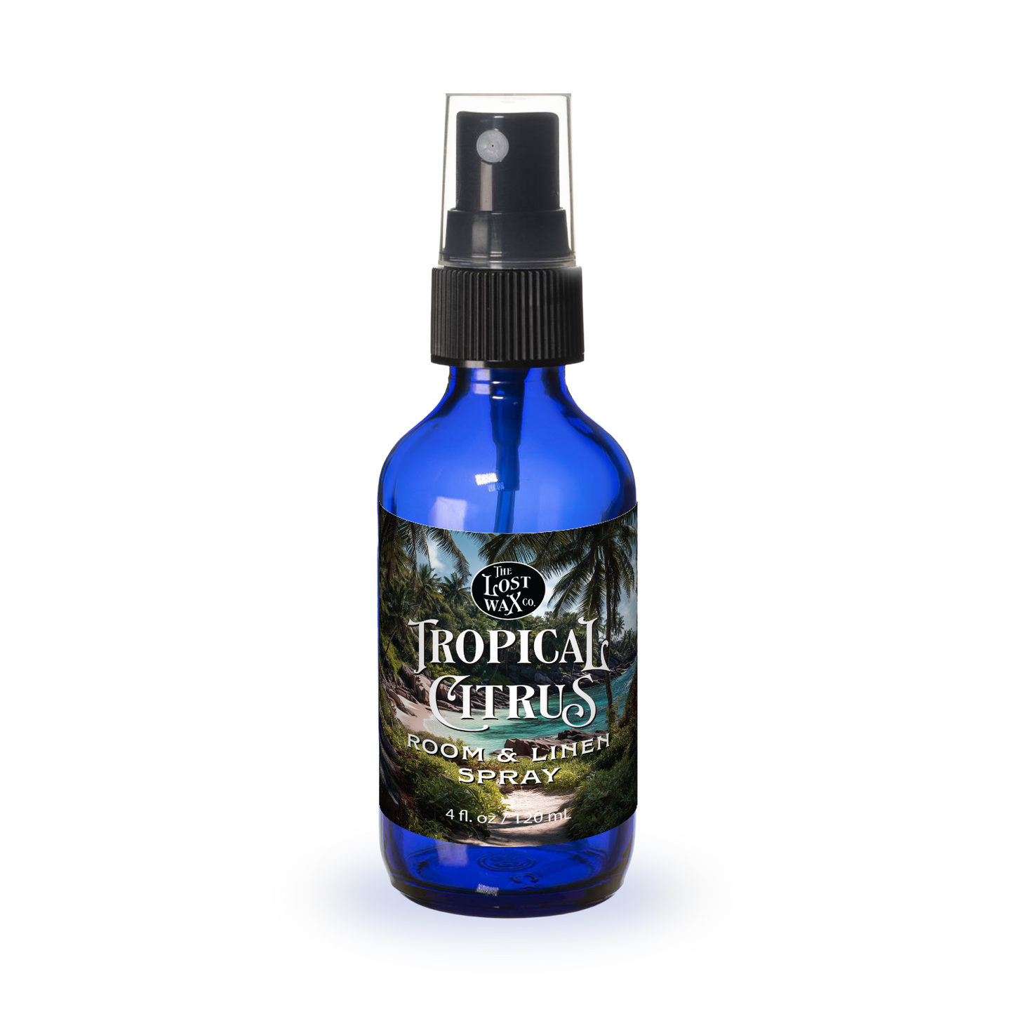 Blue spray bottle labeled 'Tropical Citrus' on a white background