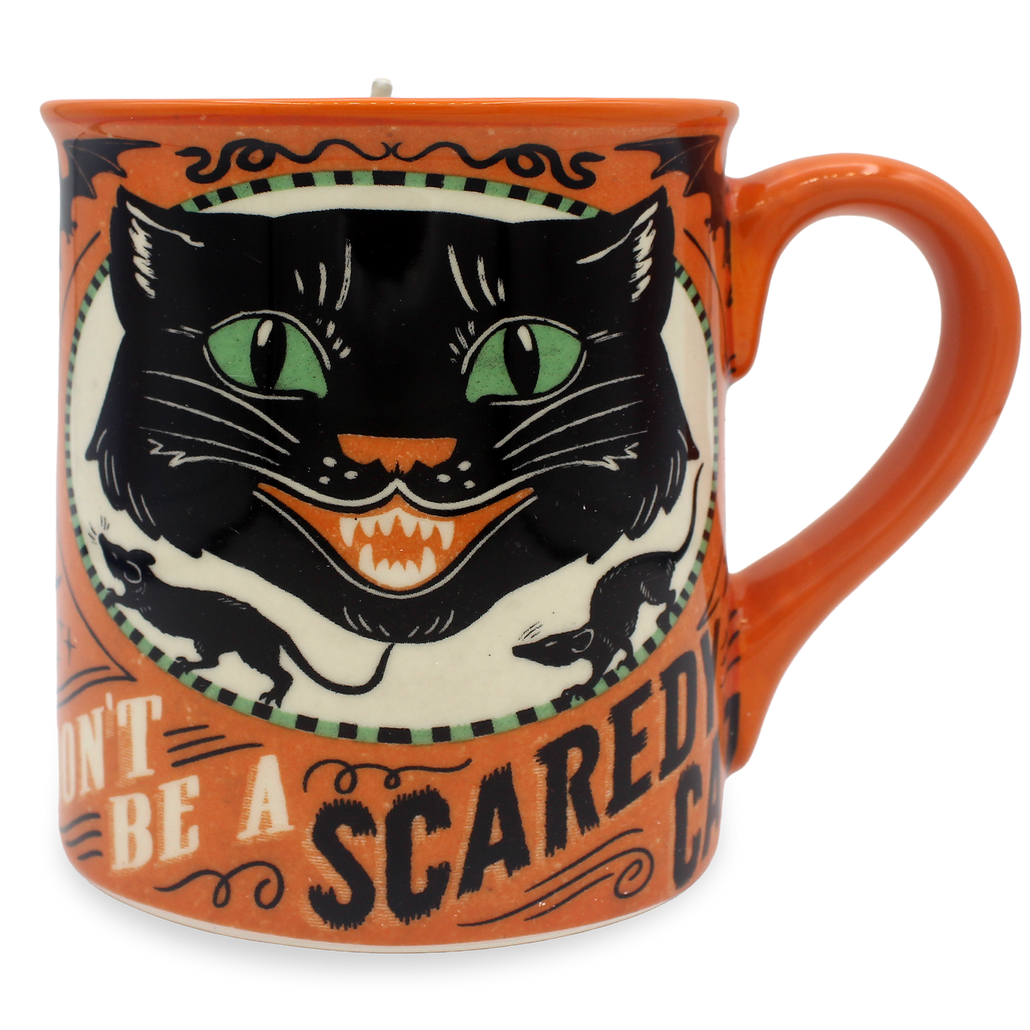 An orange ceramic mug featuring a vintage-style illustration of a black cat with green eyes and the text 'DON'T BE A SCARED CAT'.