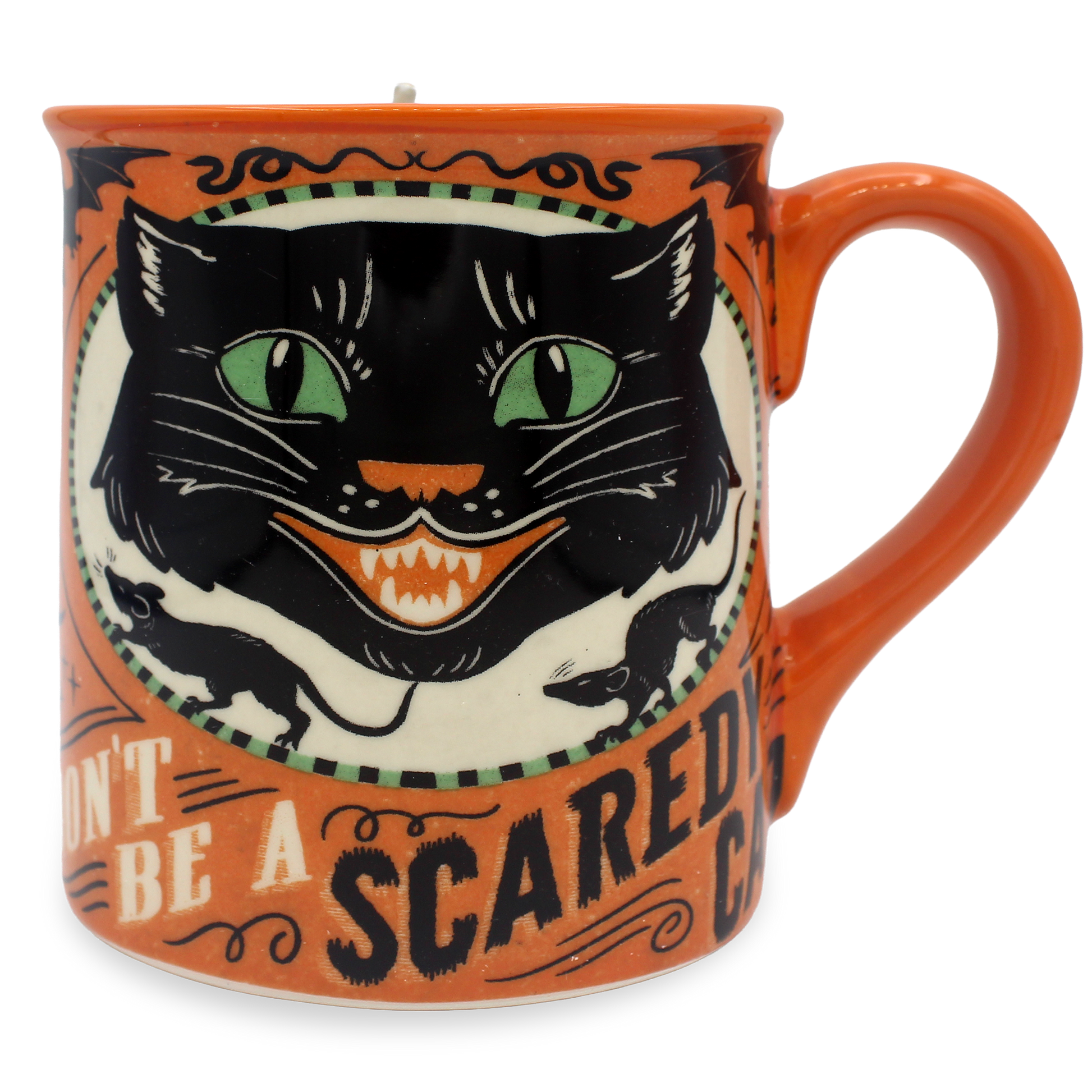 An orange ceramic mug featuring a vintage-style illustration of a black cat with green eyes and the text 'DON'T BE A SCARED CAT'.