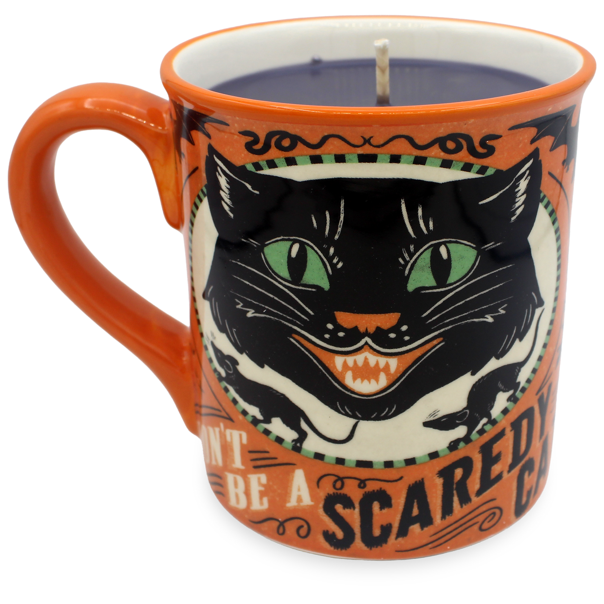 An orange ceramic mug candle featuring a black cat illustration with green eyes and the text 'DON'T BE A SCAREDY CAT' on a white background.