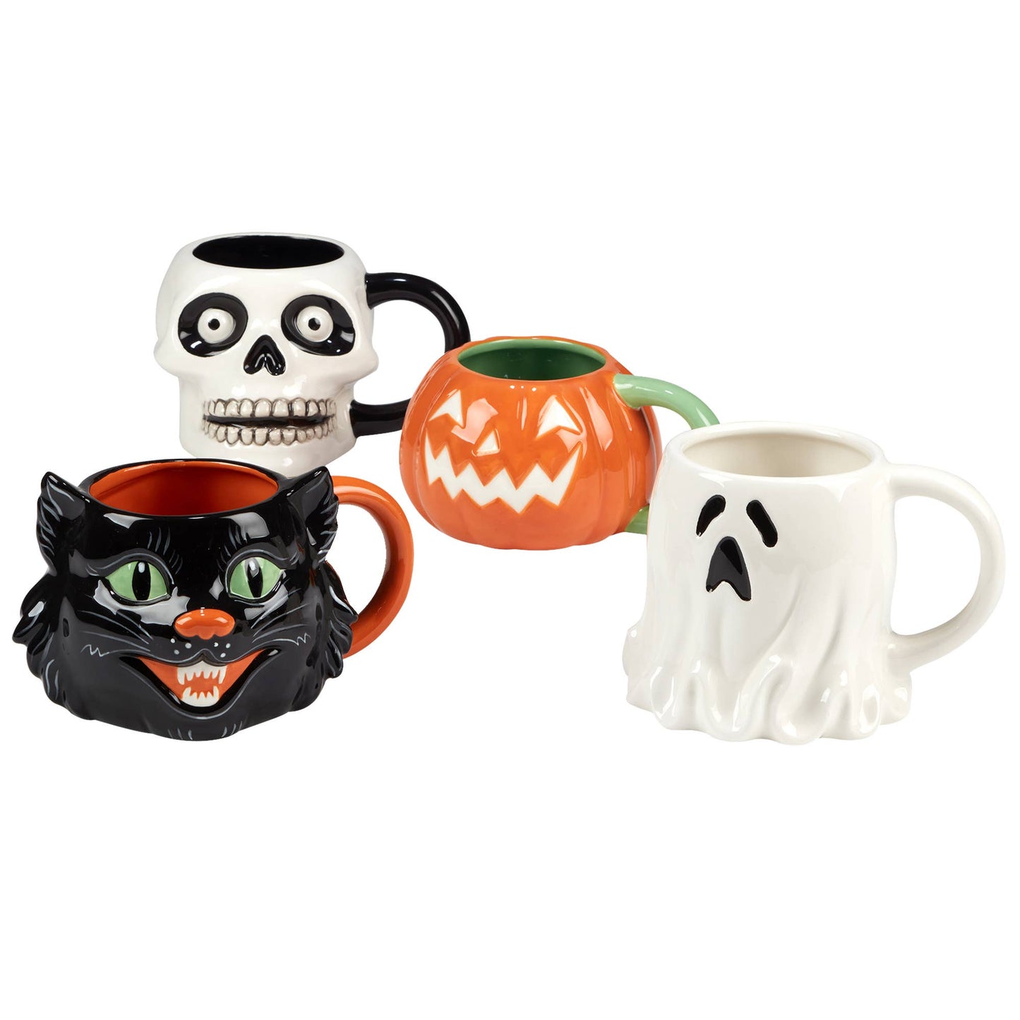 Four Halloween-themed ceramic mugs on a plain white background: a skull mug, a jack-o'-lantern mug, a black cat mug, and a ghost mug.