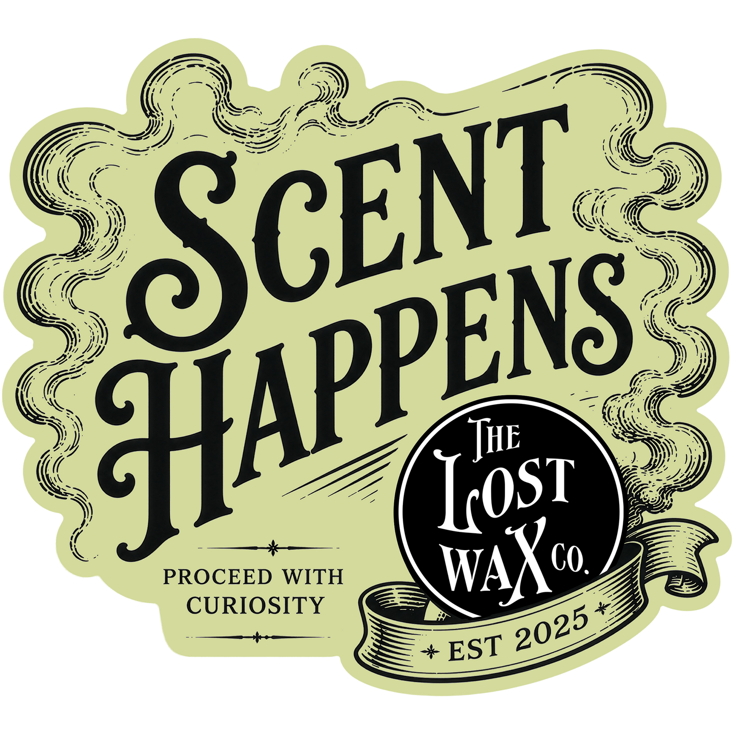 Logo of 'The Lost Wax Co.' with text 'Scent Happens' and 'Proceed with Curiosity'.