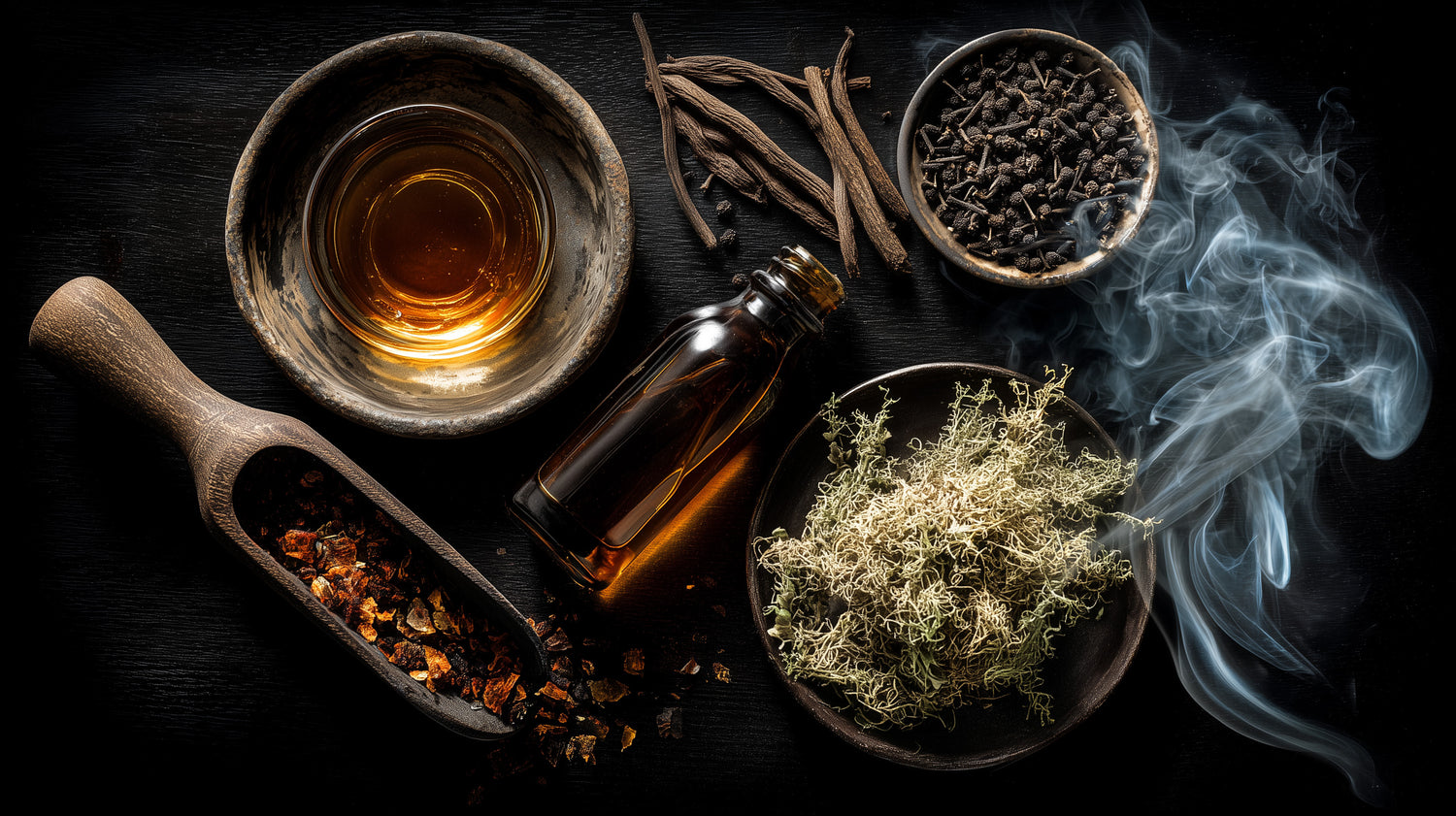 Dried moss & herbs, with honey and bourbon on a dark background with wisps of smoke.
