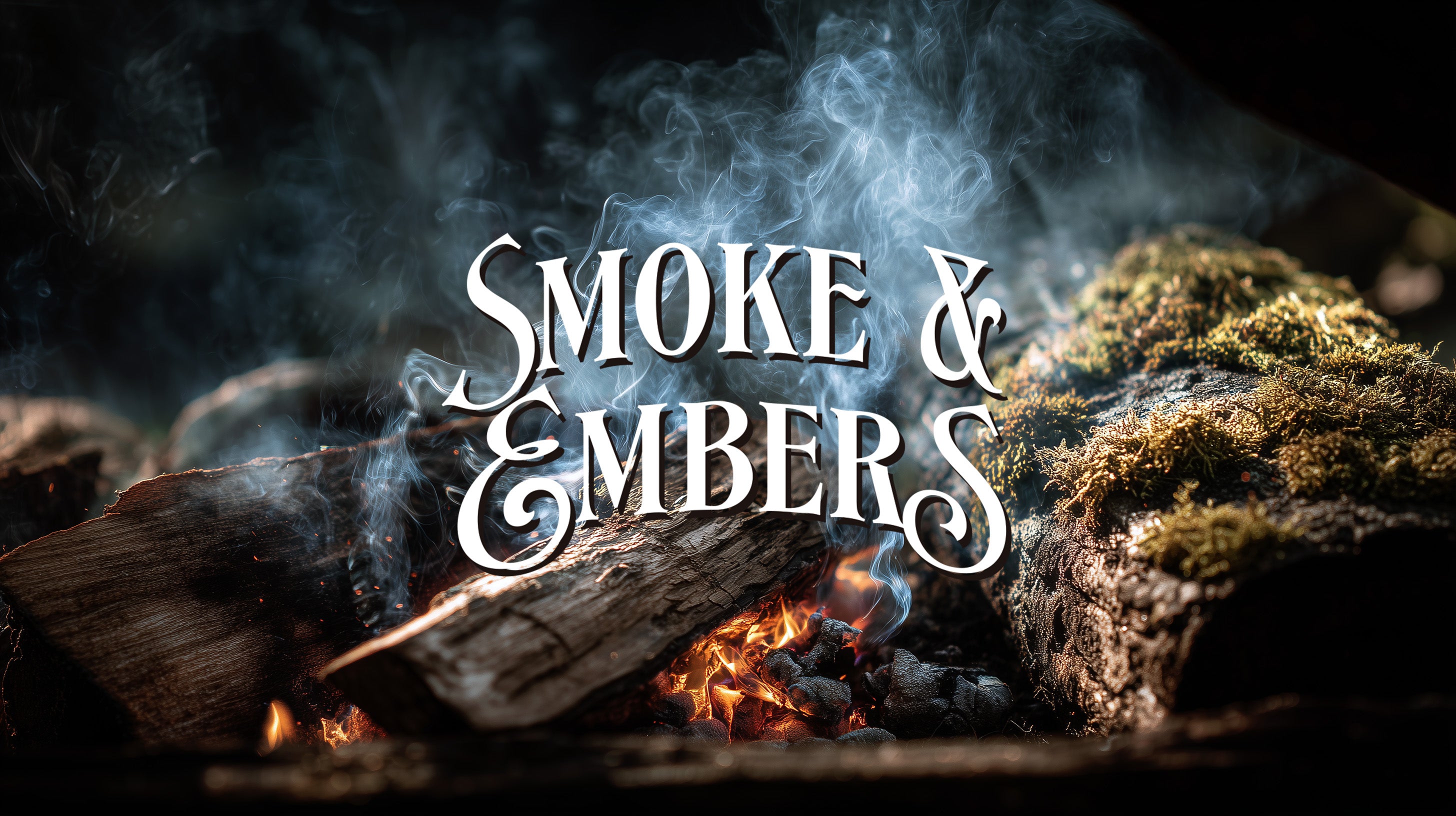 Firewood with flames and smoke, featuring the text 'Smoke & Embers'.