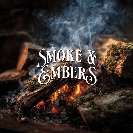 Fire with smoke and logs and 'Smoke & Embers' text overlay