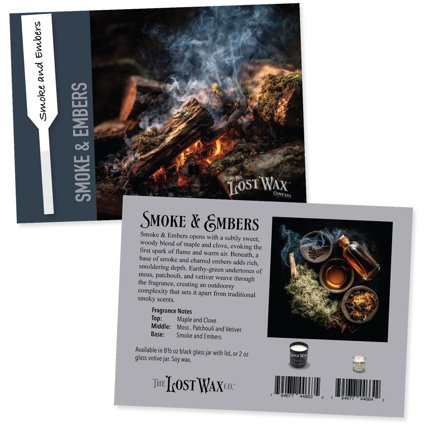 Lost Wax Co. Smoke & Embers fragrance sample card with fire imagery and product description.