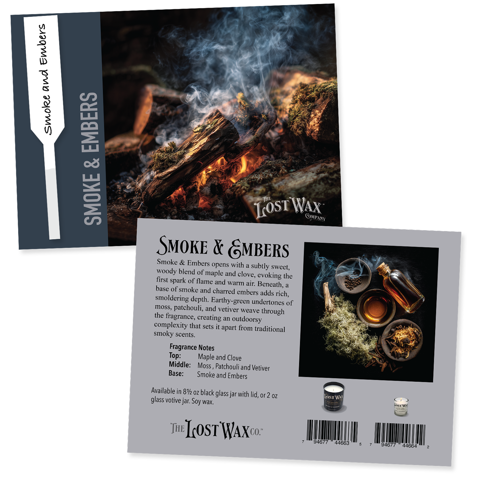 Lost Wax Co. Smoke & Embers fragrance sample card with fire imagery and product description.