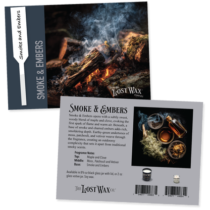 Lost Wax Co. Smoke & Embers fragrance sample card with fire imagery and product description.
