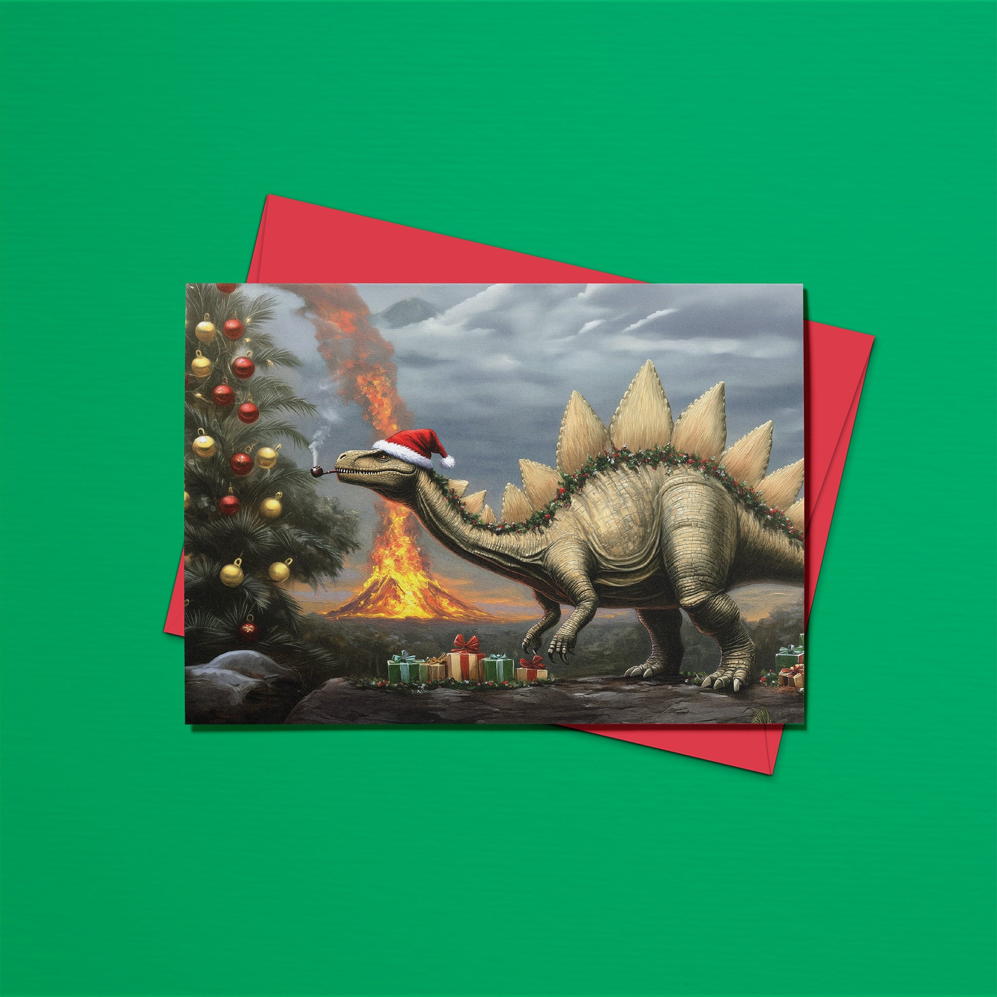 Christmas card with a dinosaur wearing a Santa hat, Christmas tree, and volcano on a green background with a red envelope.