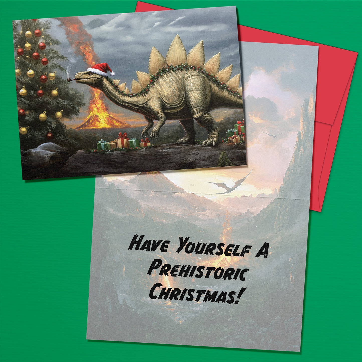 Christmas card with a dinosaur and Christmas tree, featuring text 'Have Yourself A Prehistoric Christmas!'.