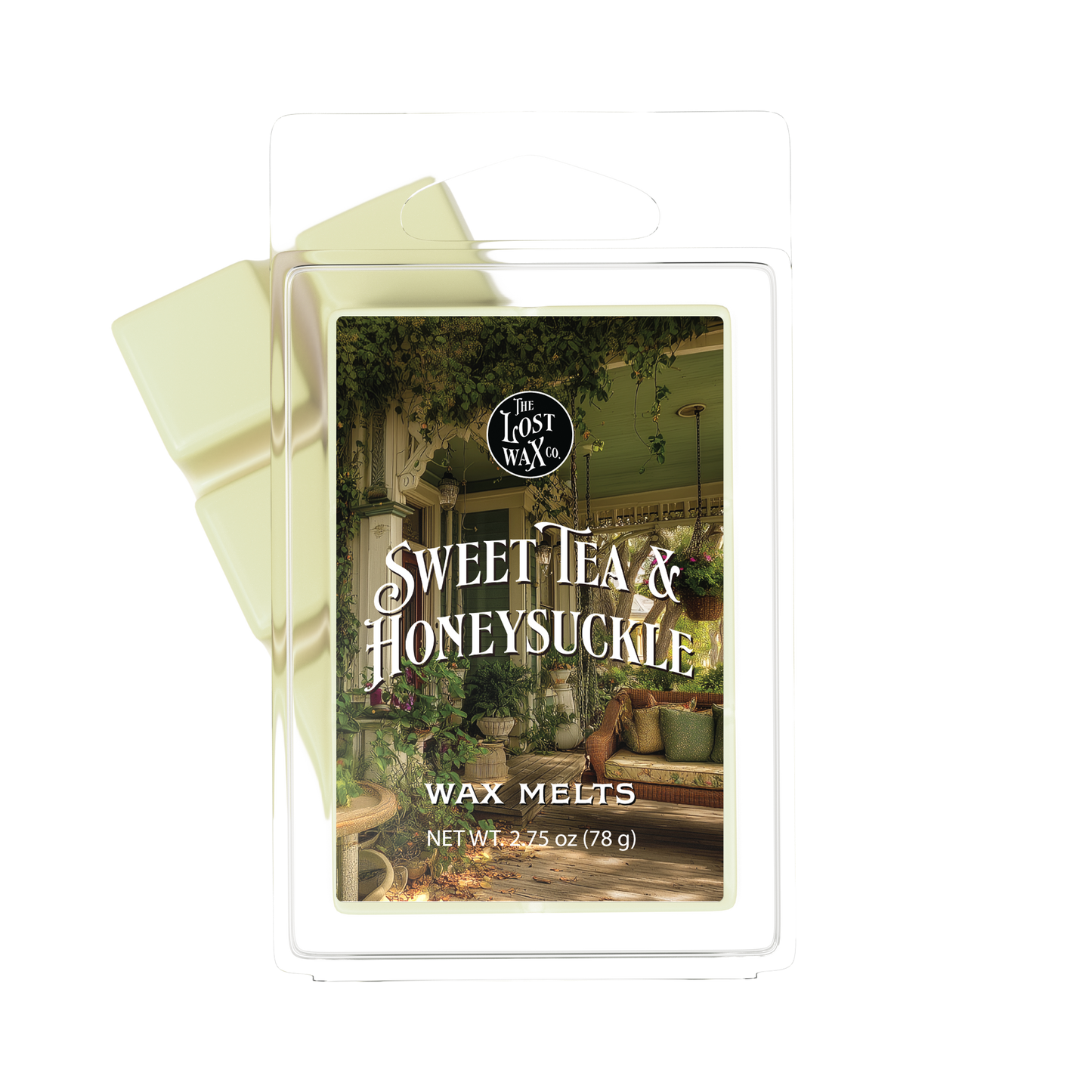 Pack of 'Sweet Tea & Honeysuckle' wax melts with packaging on a white background