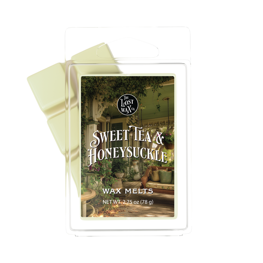 Pack of 'Sweet Tea & Honeysuckle' wax melts with packaging on a white background