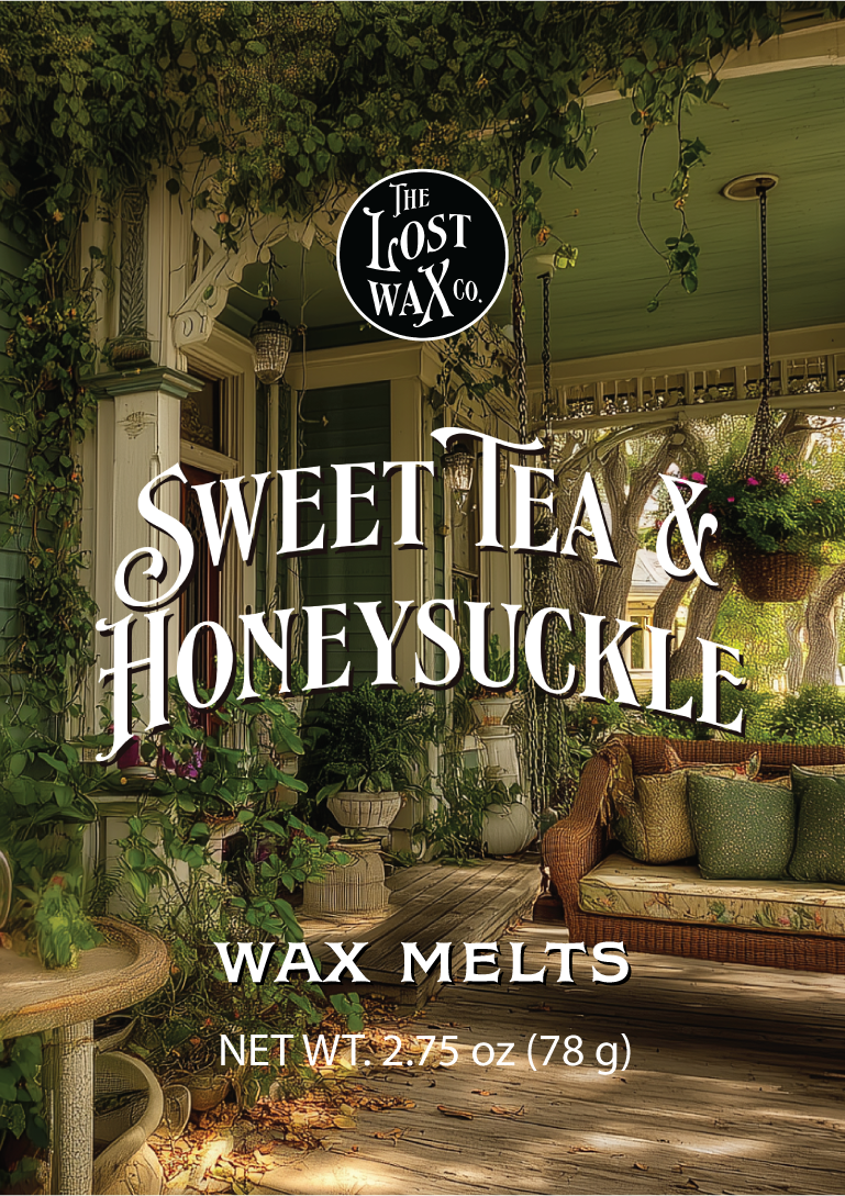Label for 'Sweet Tea & Honeysuckle' wax melts from The Lost Wax Co. with a scenic outdoor setting.