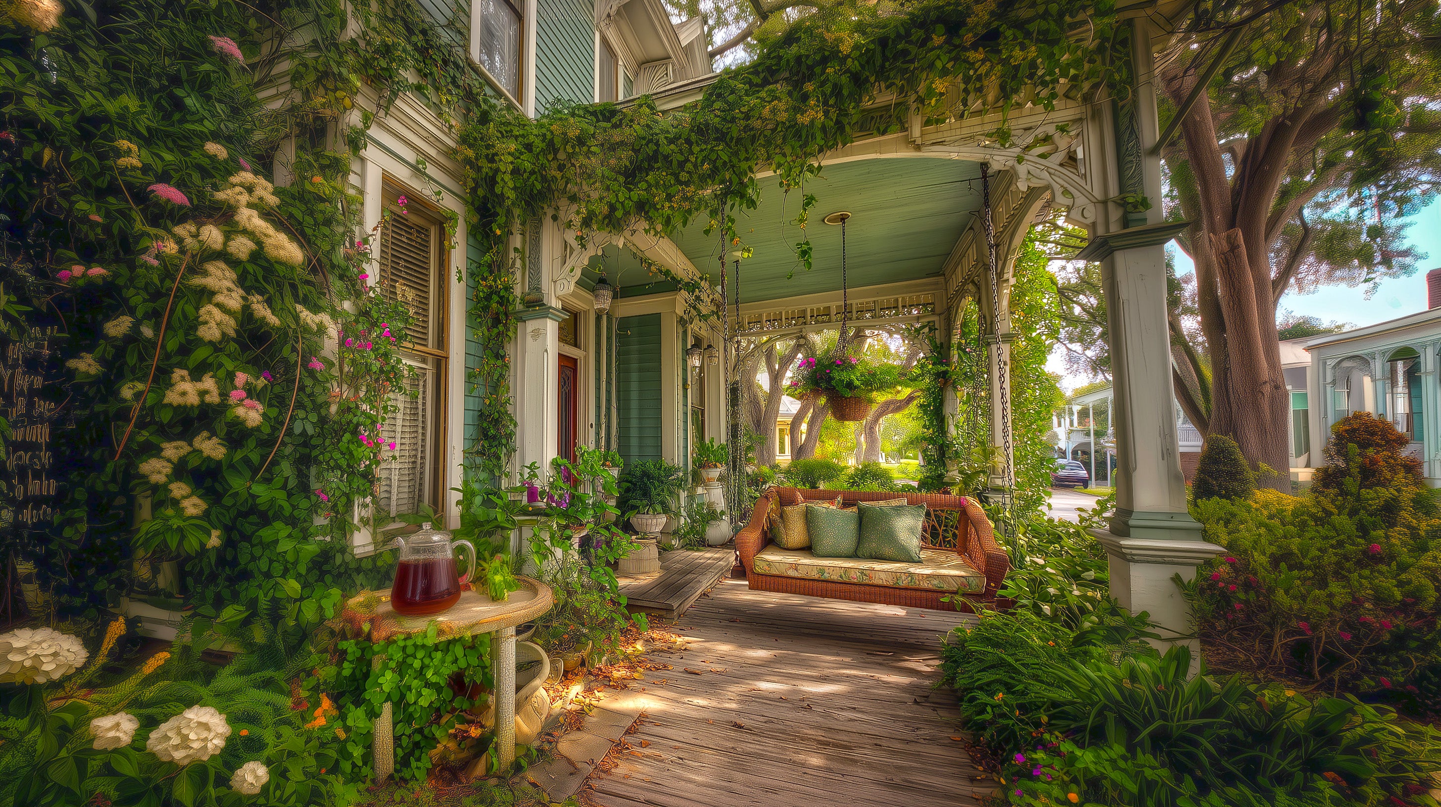 Victorian-style porch with greenery and a porch swing.