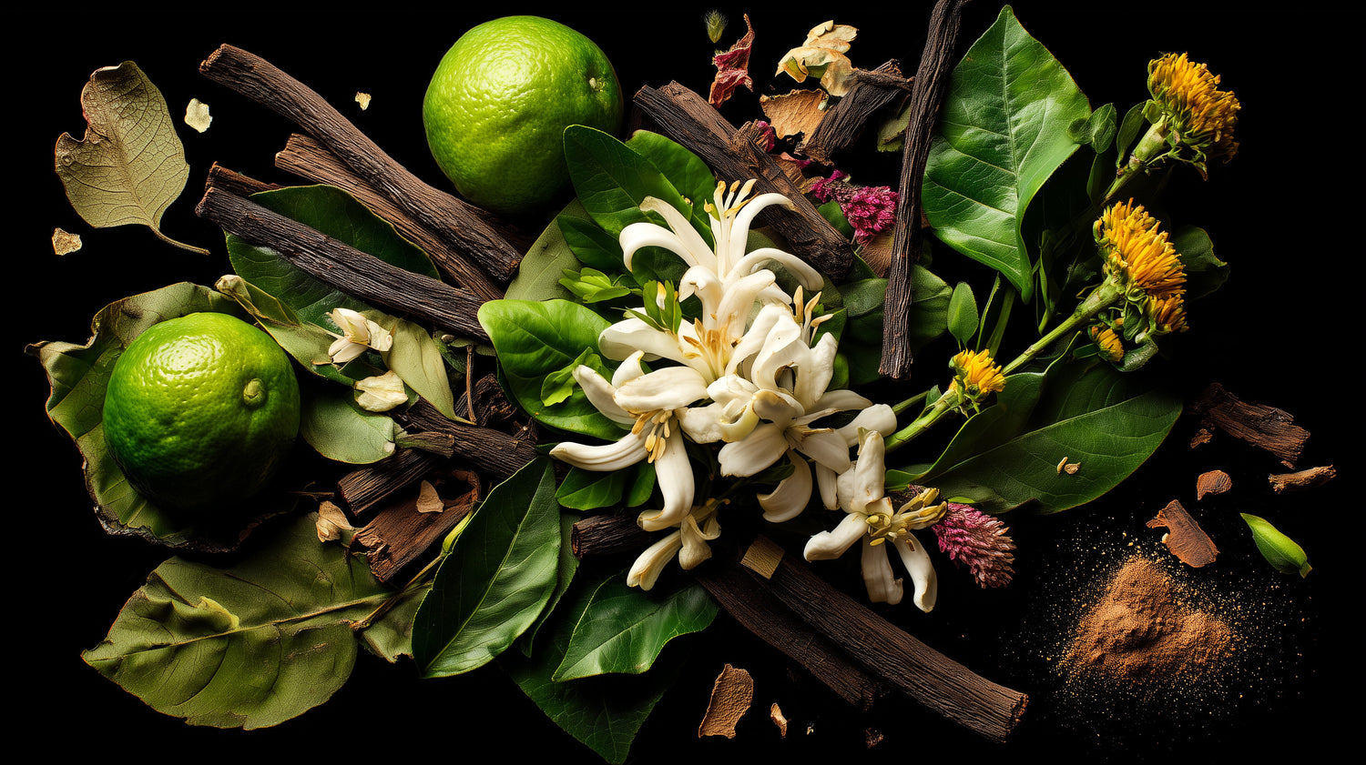 Jasmine flowers, lime, and spices with dried flowers on a dark background.
