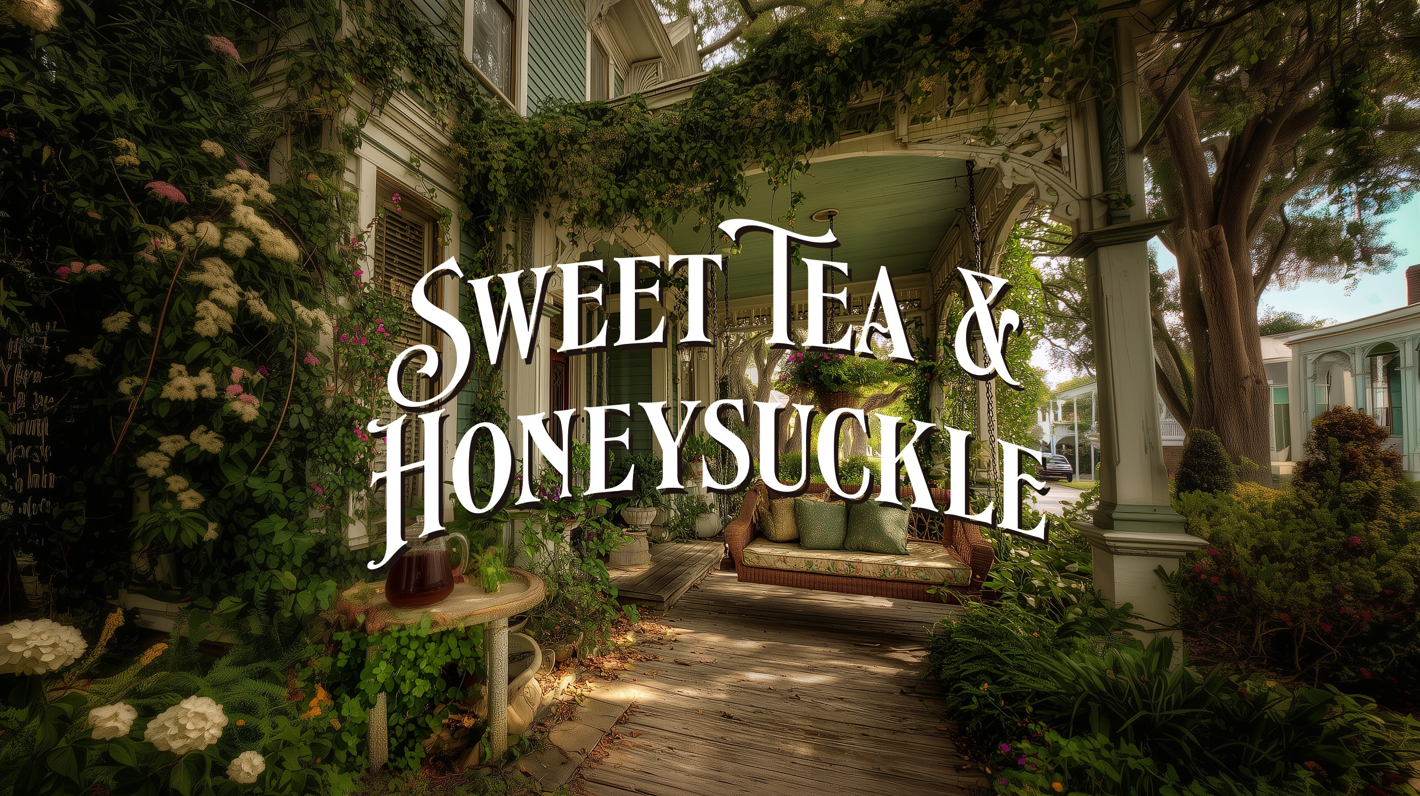 Vintage-style porch with 'Sweet Tea & Honeysuckle' text overlay