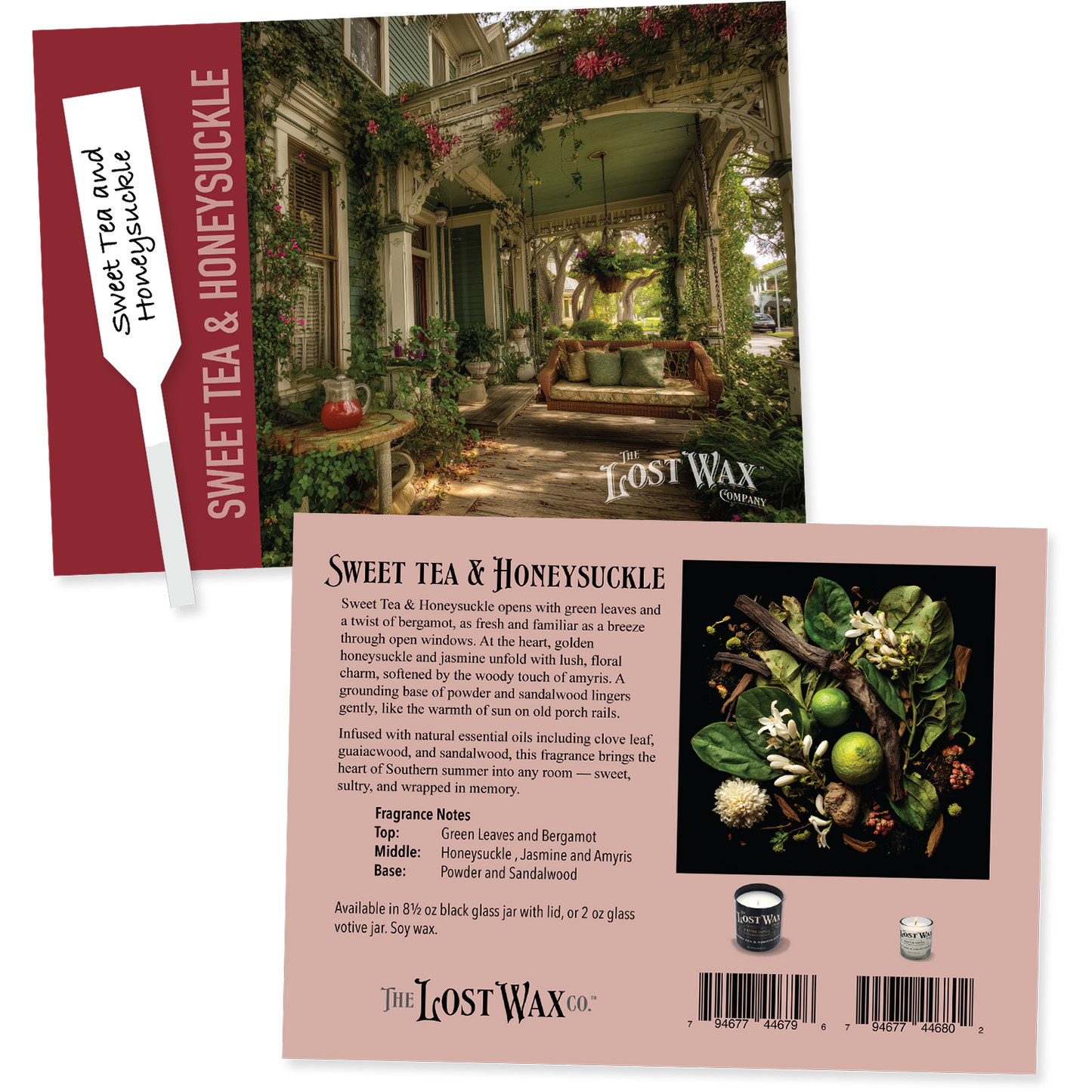 Fragrance Sample card for 'Sweet Tea & Honeysuckle' by The Lost Wax Co. with scenic image and fragrance details.