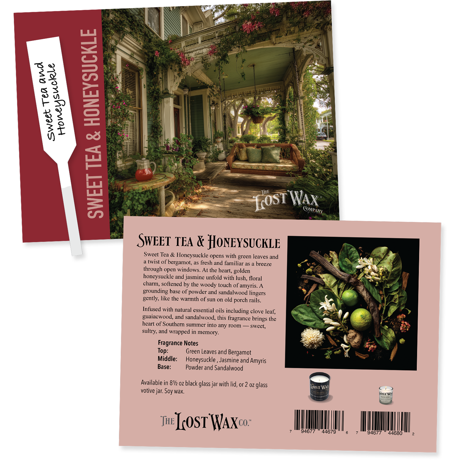 Fragrance Sample card for 'Sweet Tea & Honeysuckle' by The Lost Wax Co. with scenic image and fragrance details.