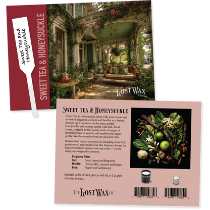 Fragrance Sample card for 'Sweet Tea & Honeysuckle' by The Lost Wax Co. with scenic image and fragrance details.