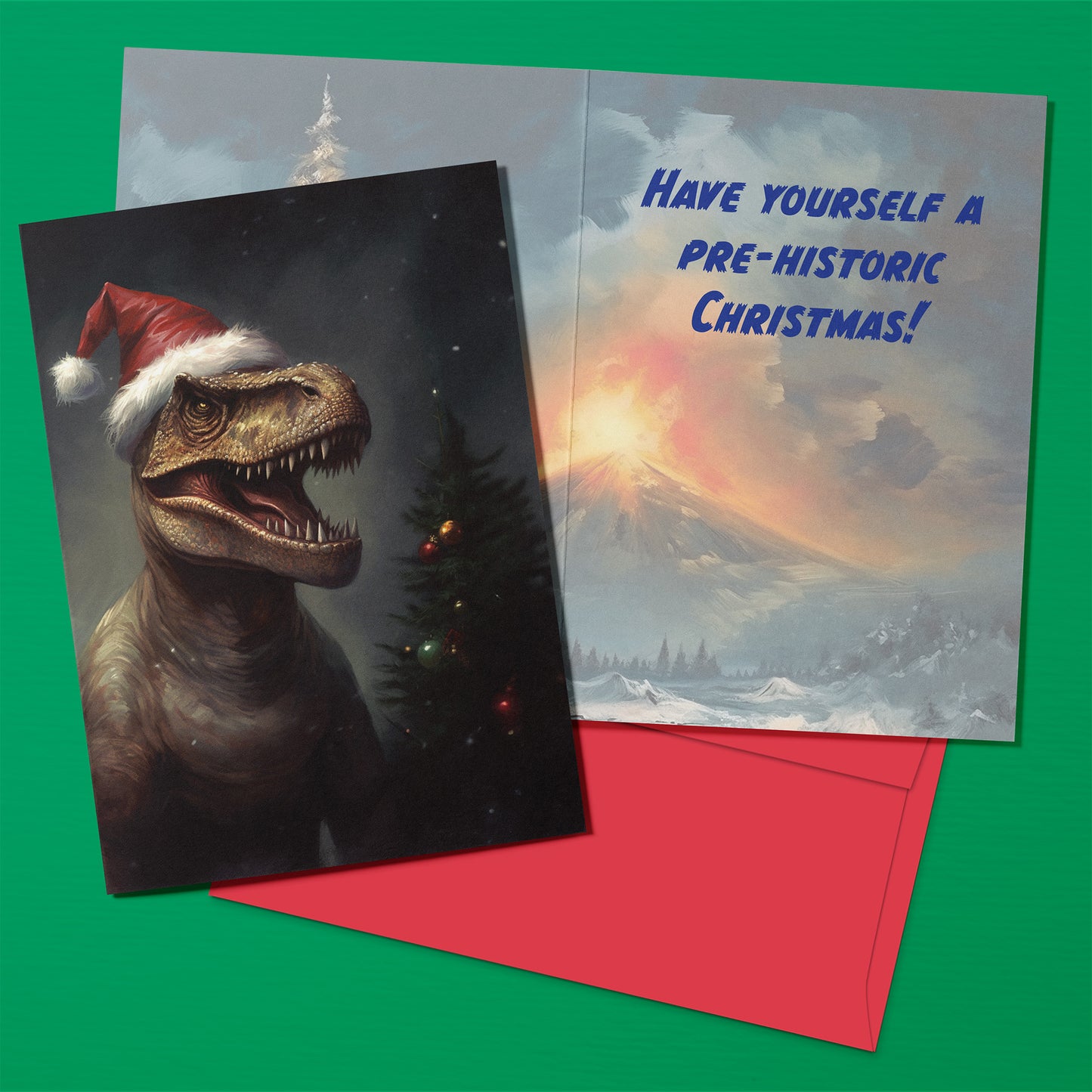 Christmas card with dinosaur wearing a Santa hat and text 'Have Yourself a Pre-Historic Christmas!' on a green background.