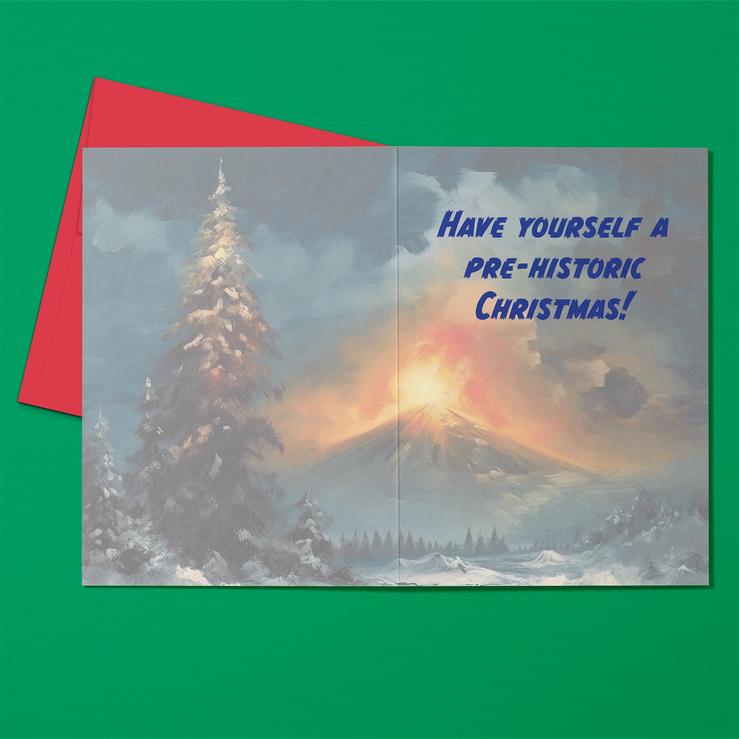 Christmas card with a volcano and tree design and humorous text on a green background.
