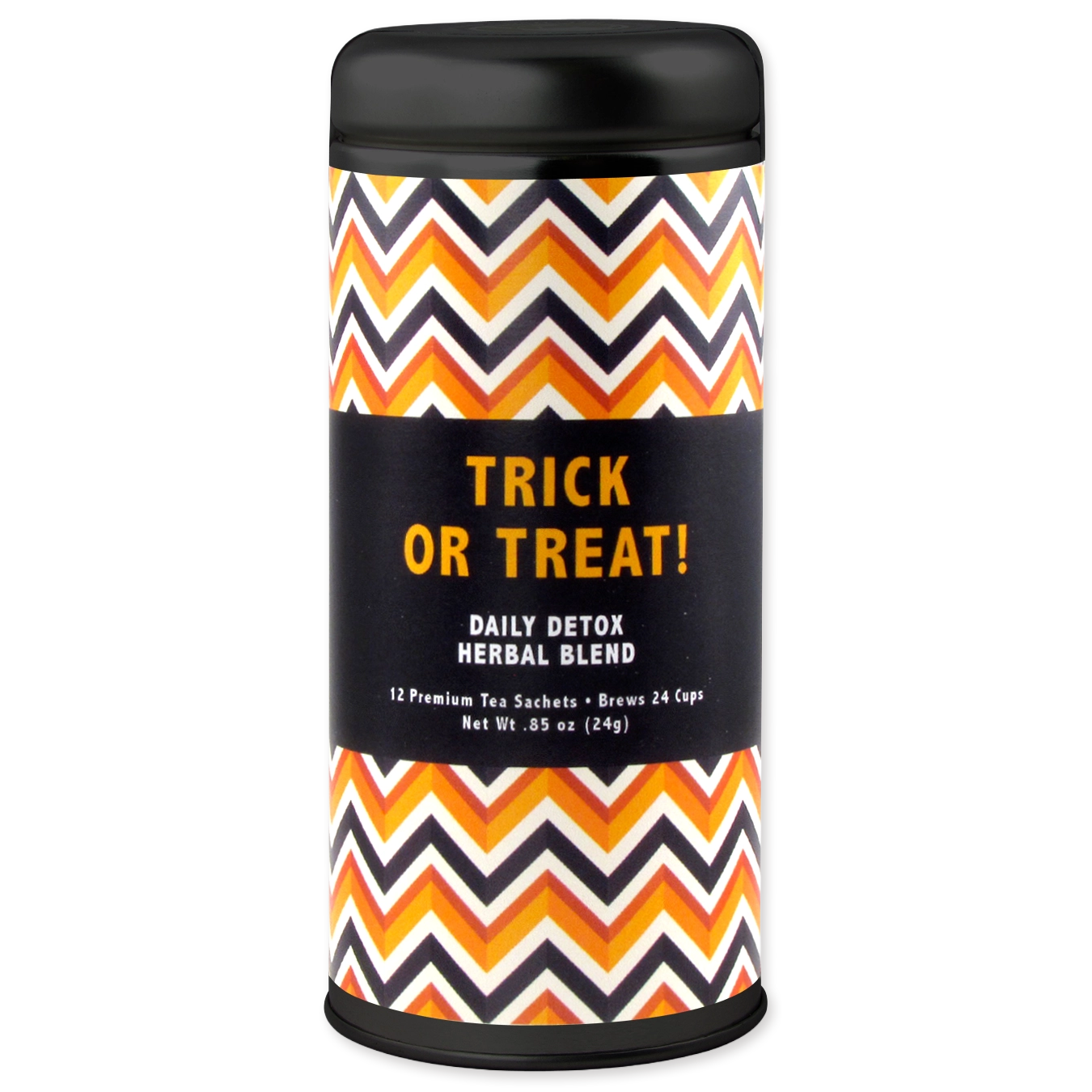 A cylindrical tea sachet canister with a black lid and base, featuring a black central label with orange text reading 'TRICK OR TREAT! DAILY DETOX HERBAL BLEND' and a black, orange, white, and gray chevron pattern on the sides. The canister is centered on a plain white background.