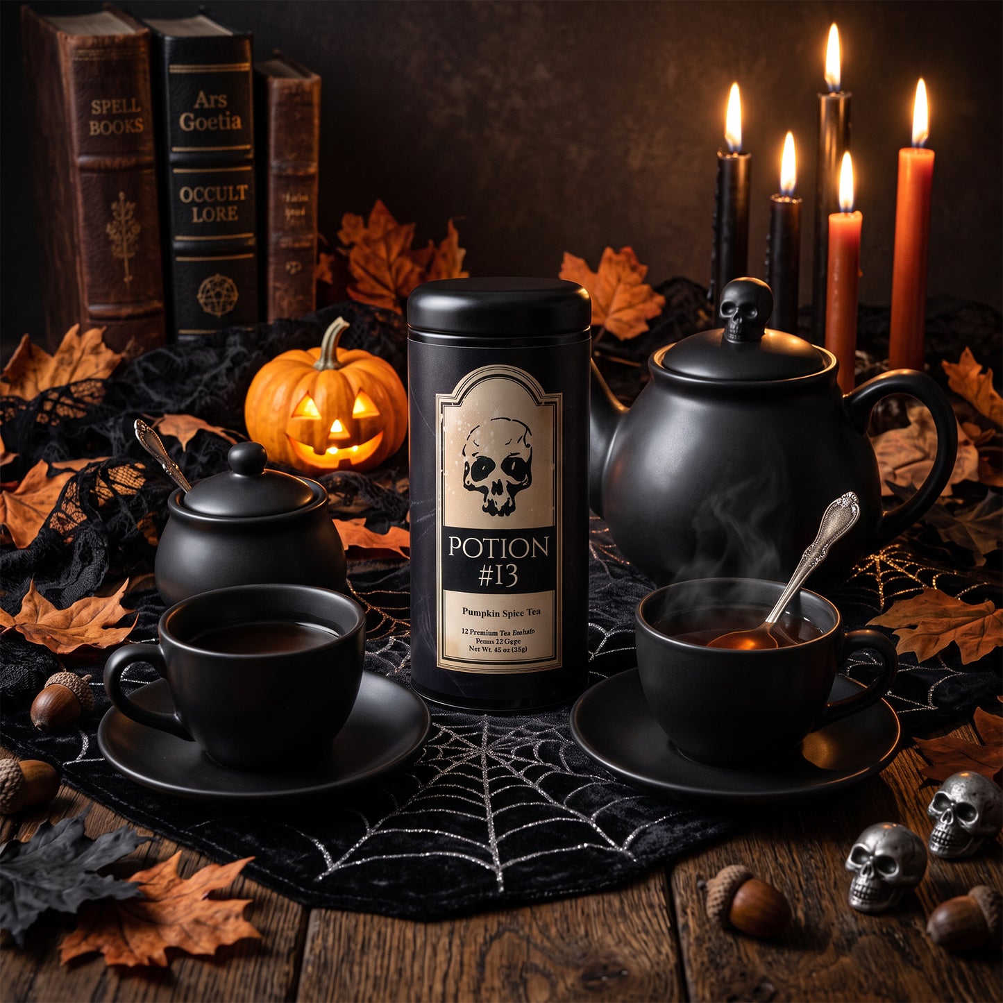 A styled Halloween scene centered on a black teapot and two black cups of tea on matching saucers, with a tall black canister labeled Potion #13 between them. The setup includes candles, autumn leaves, acorns, skull props, a small pumpkin, and old books on a dark wooden table.