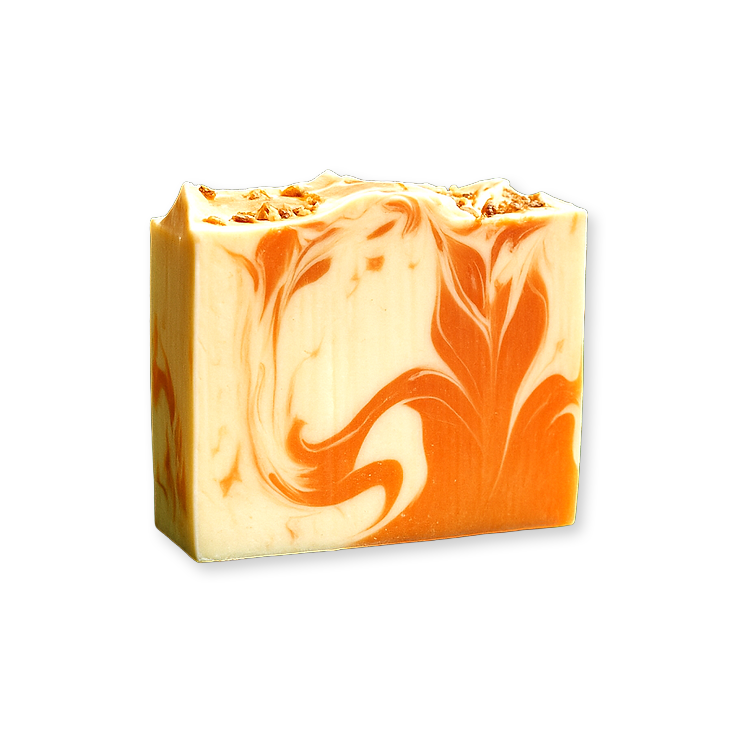 Single bar of handmade soap with swirls of orange and cream colors.