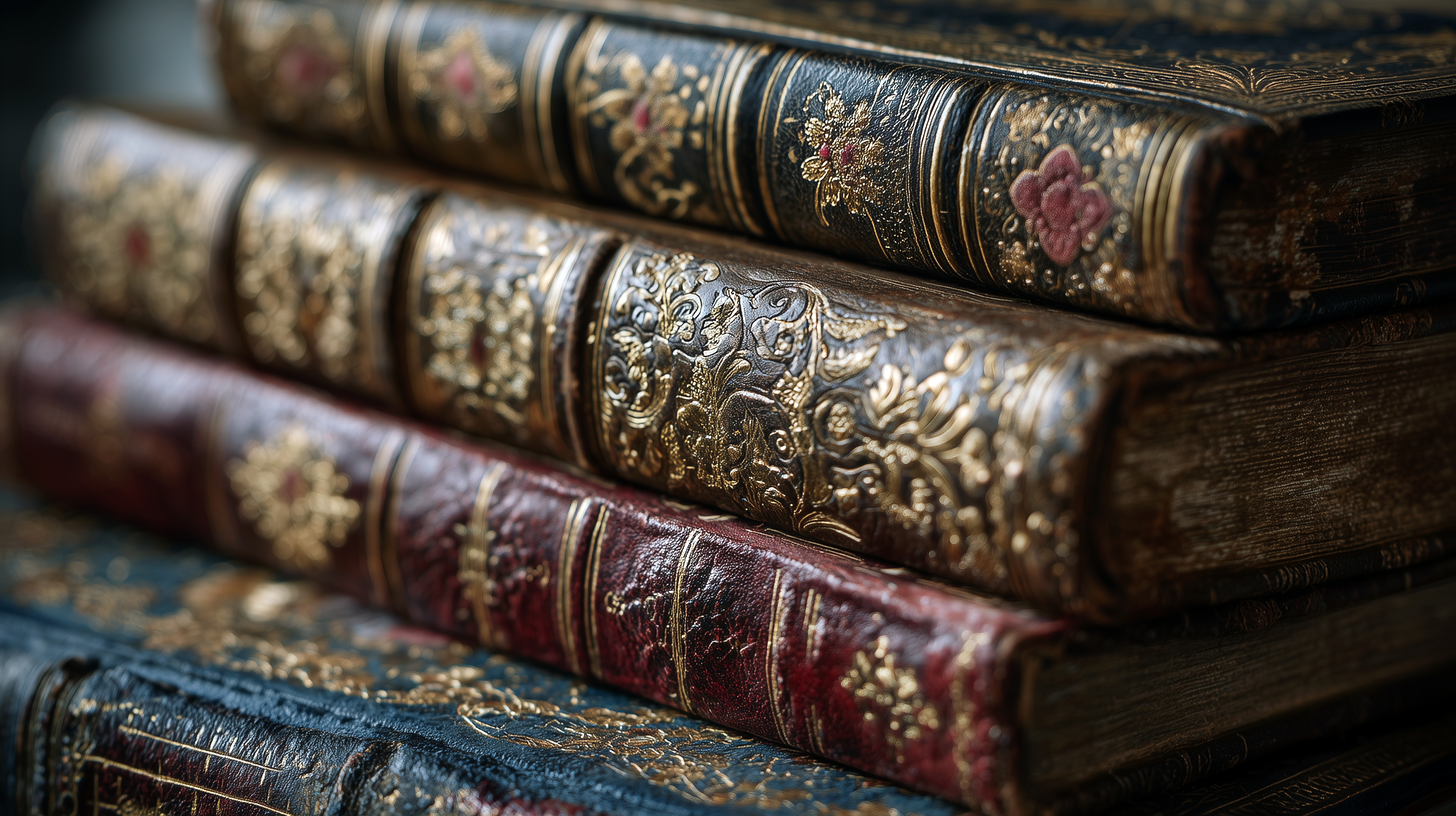 Stack of ornately decorated old books with gold embossing and leather binding.