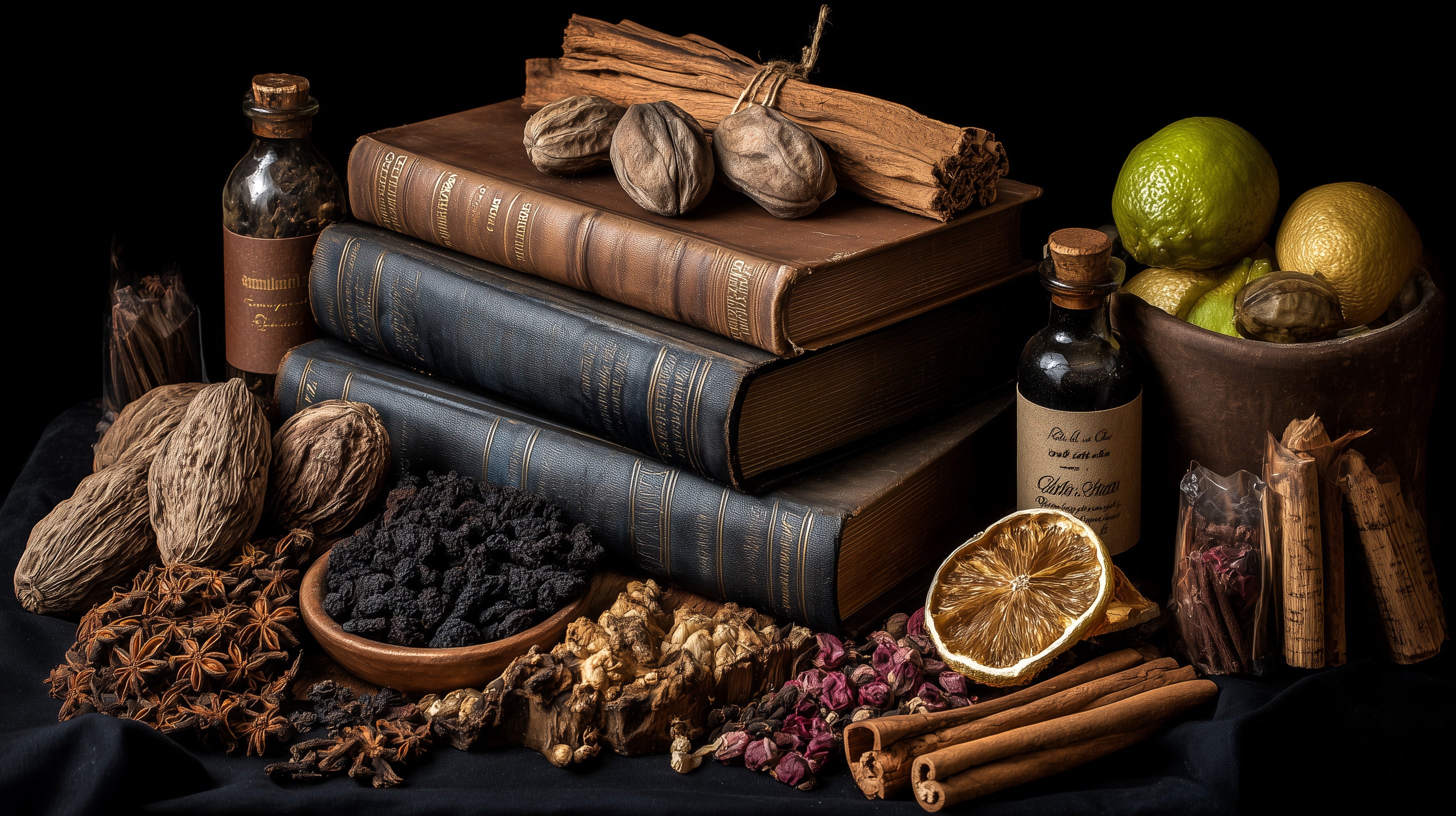 Stack of old books with various herbs, spices, and bottles on a dark background