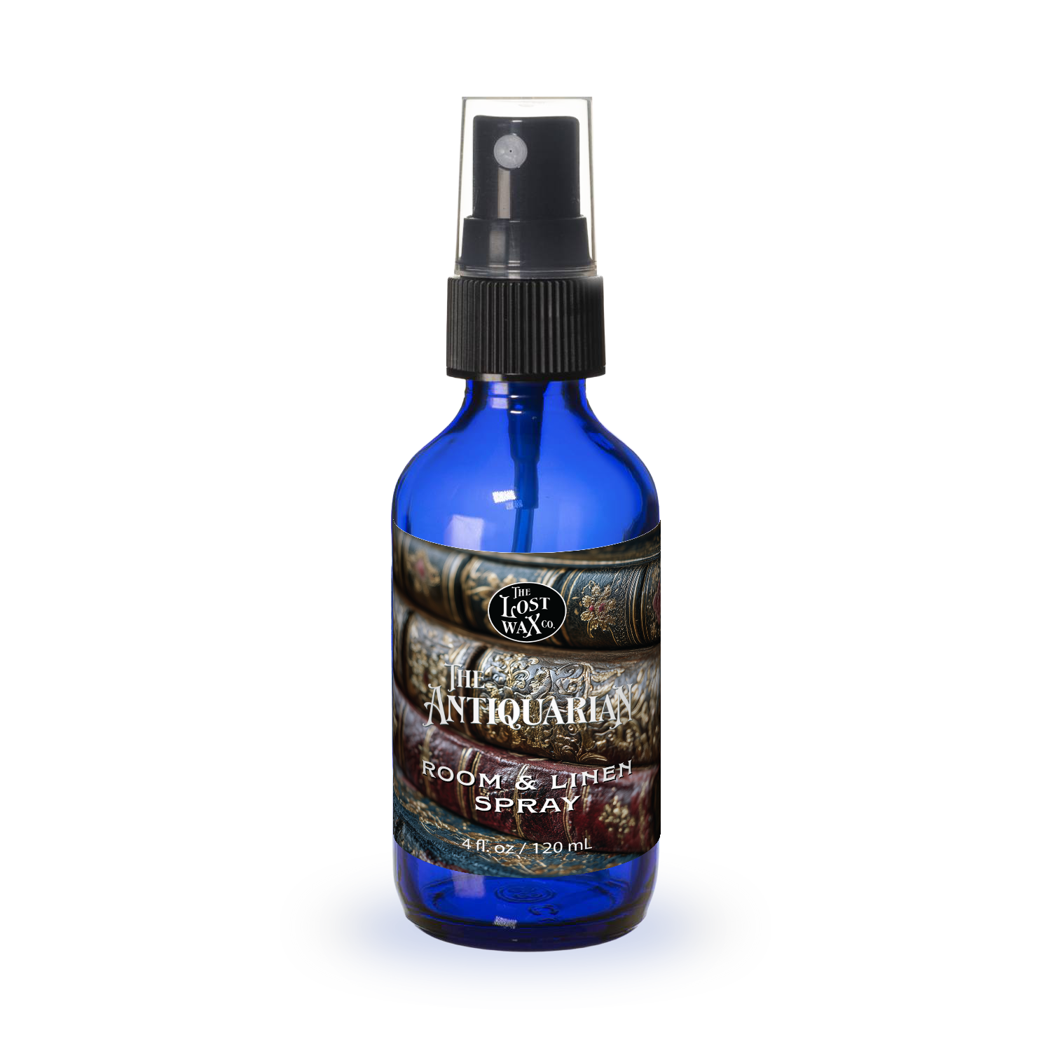 Blue spray bottle with a label on a white background