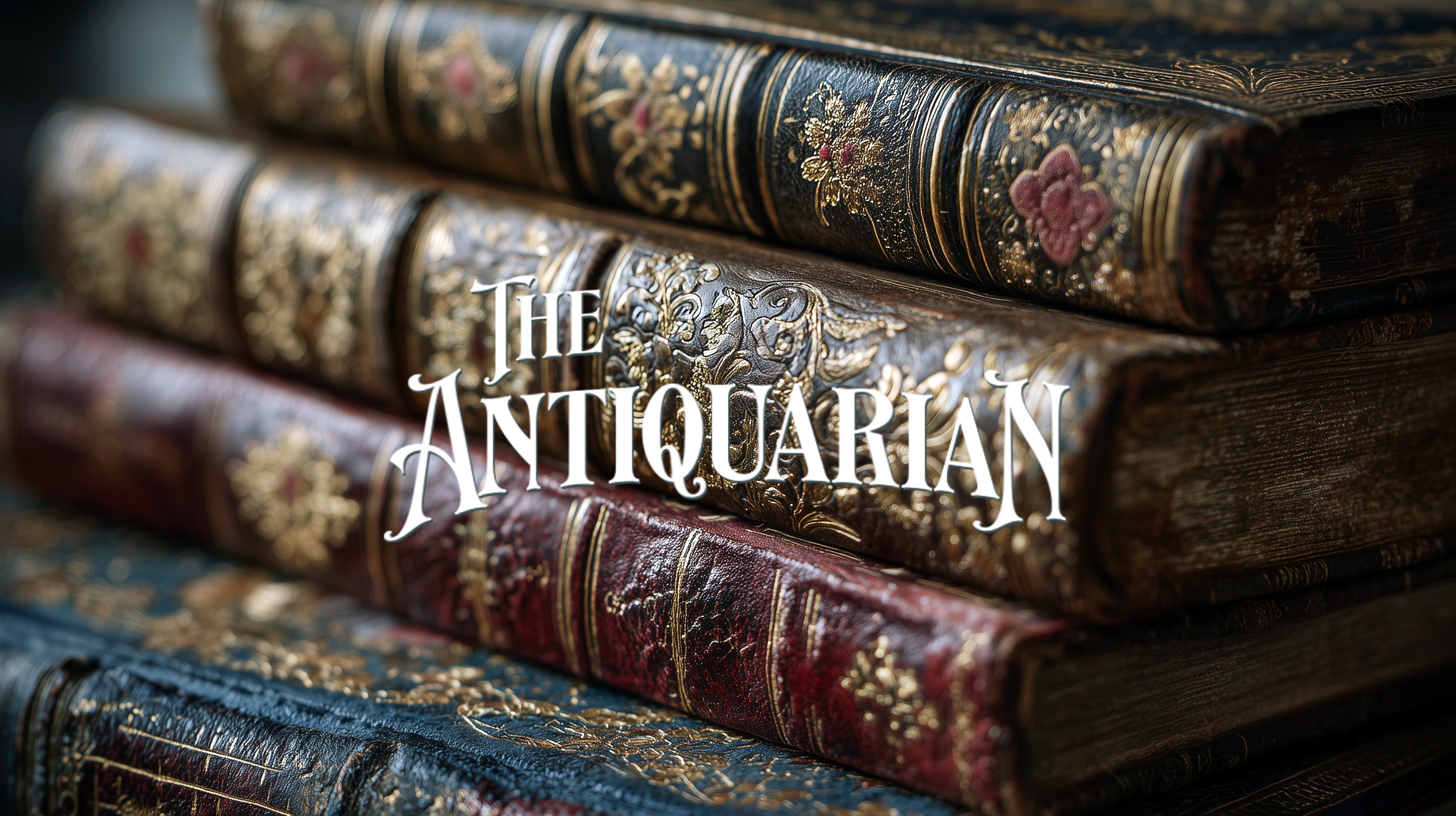 Stack of ornate old books with 'The Antiquarian' text overlay