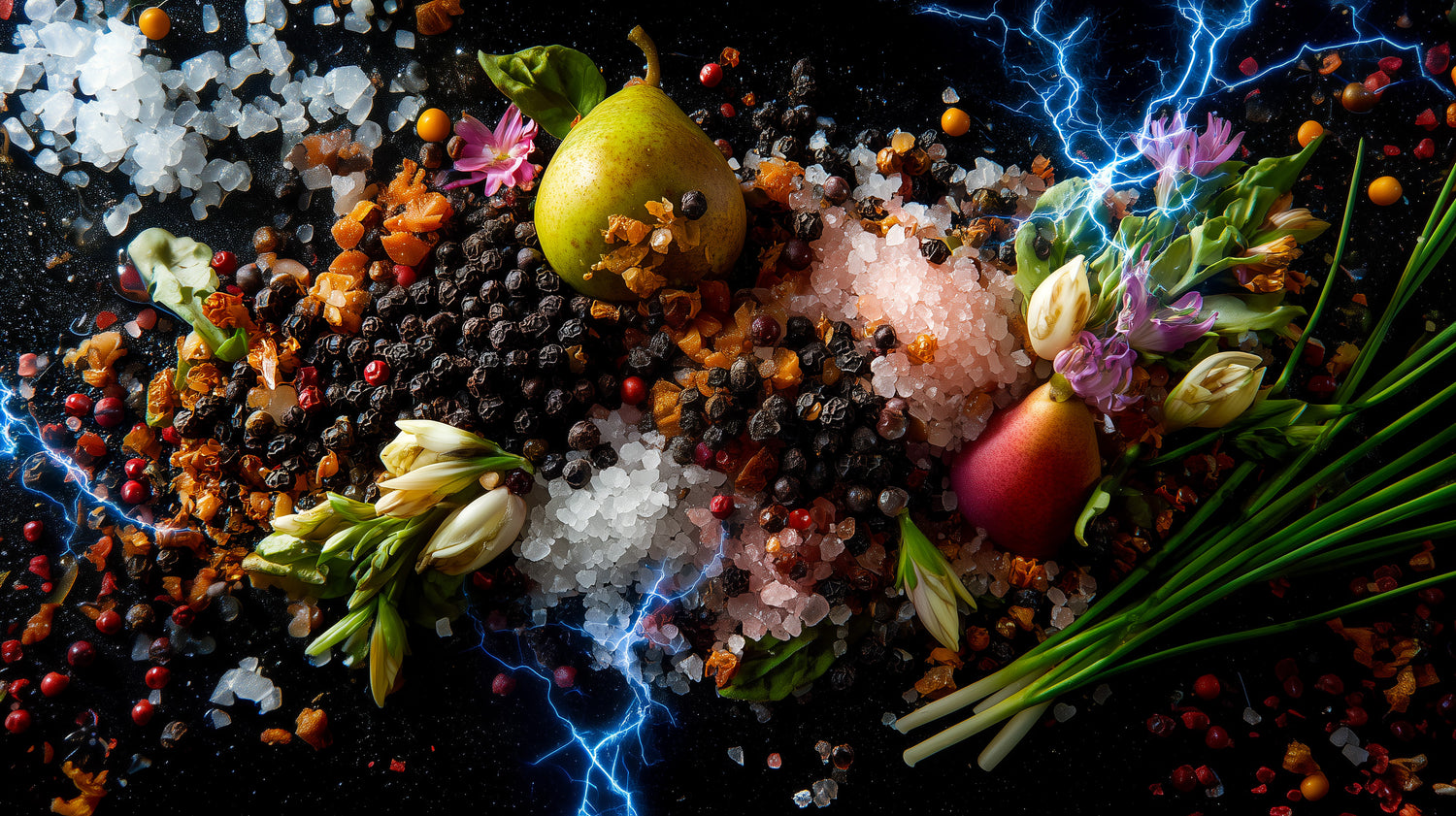 Spices, herbs, and fruits on a dark surface with lightning effects