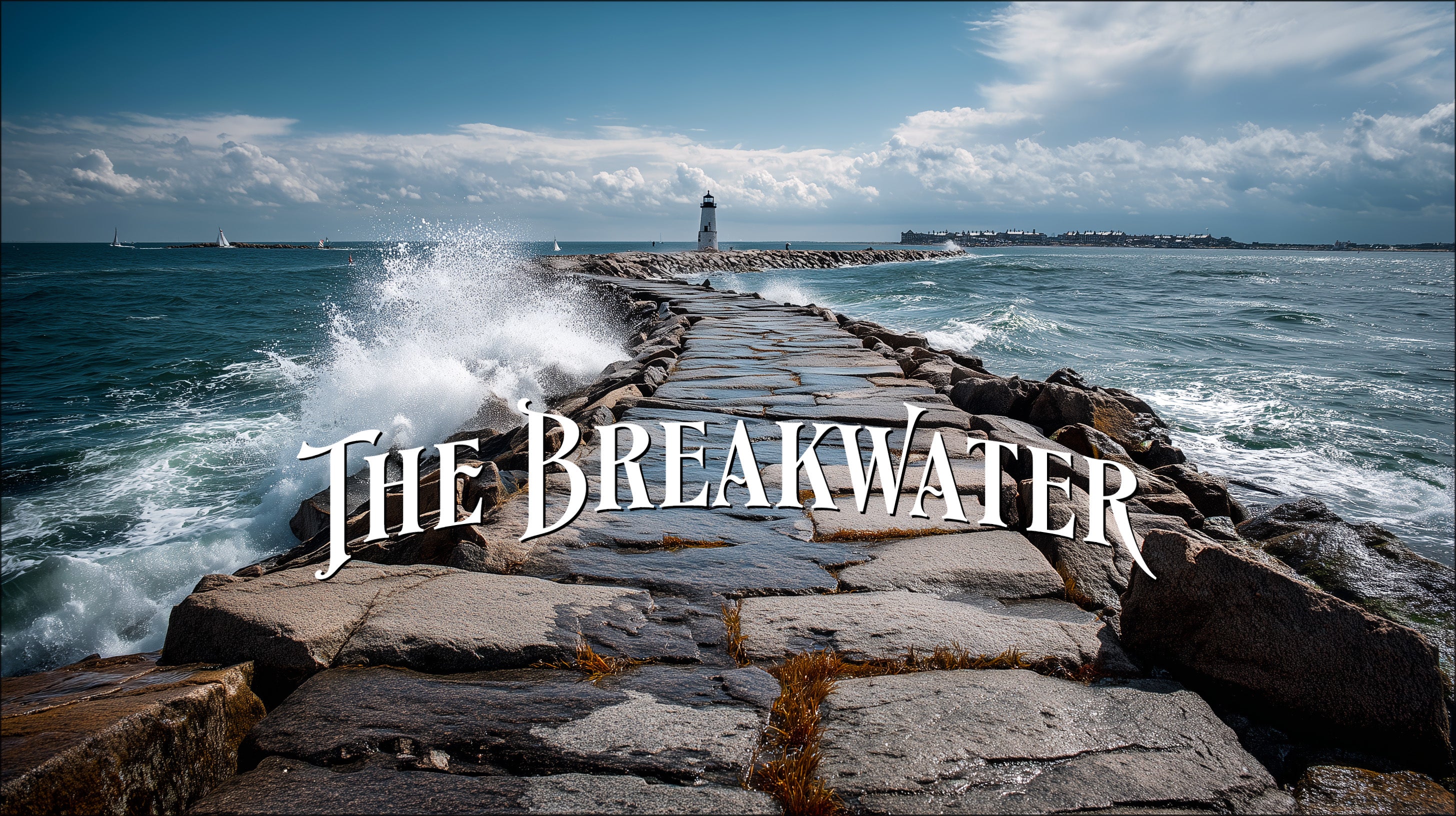 Rocks leading to a lighthouse with 'The Breakwater' text overlay.