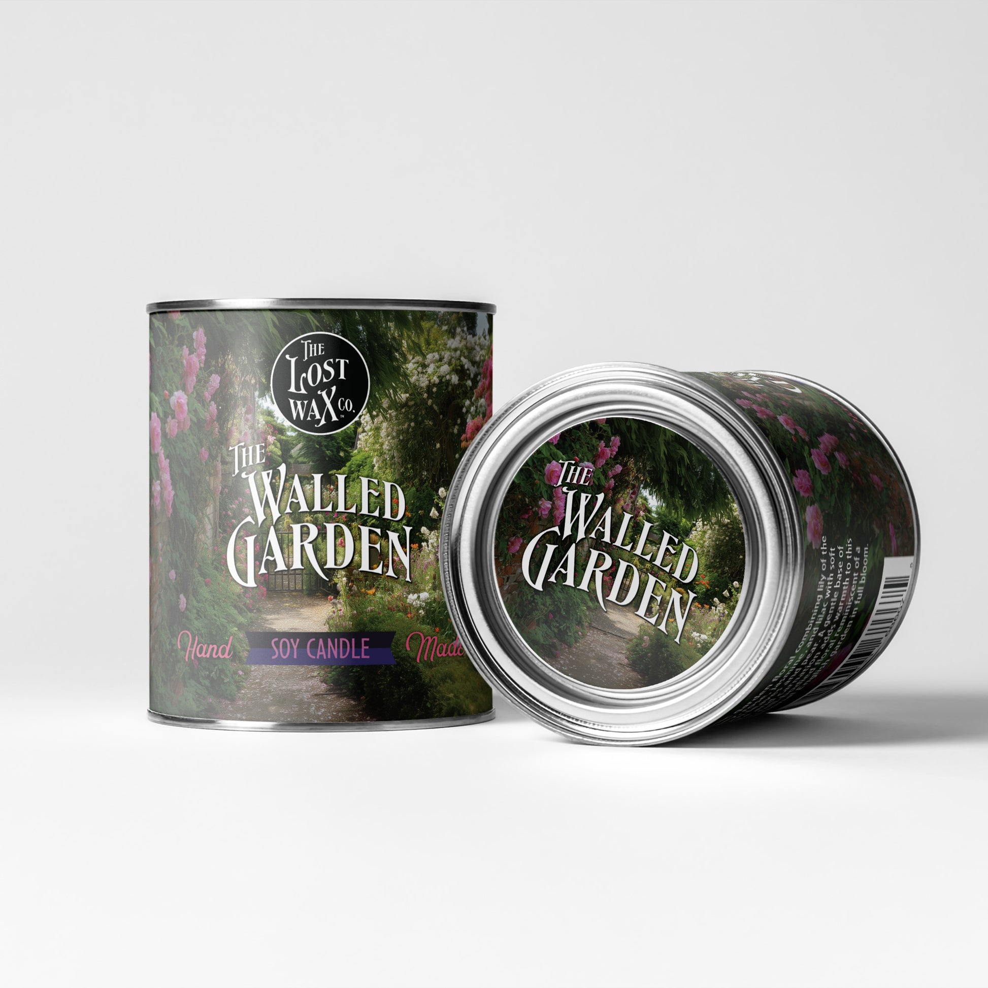 Two paint cans with 'The Walled Garden' design on a white background