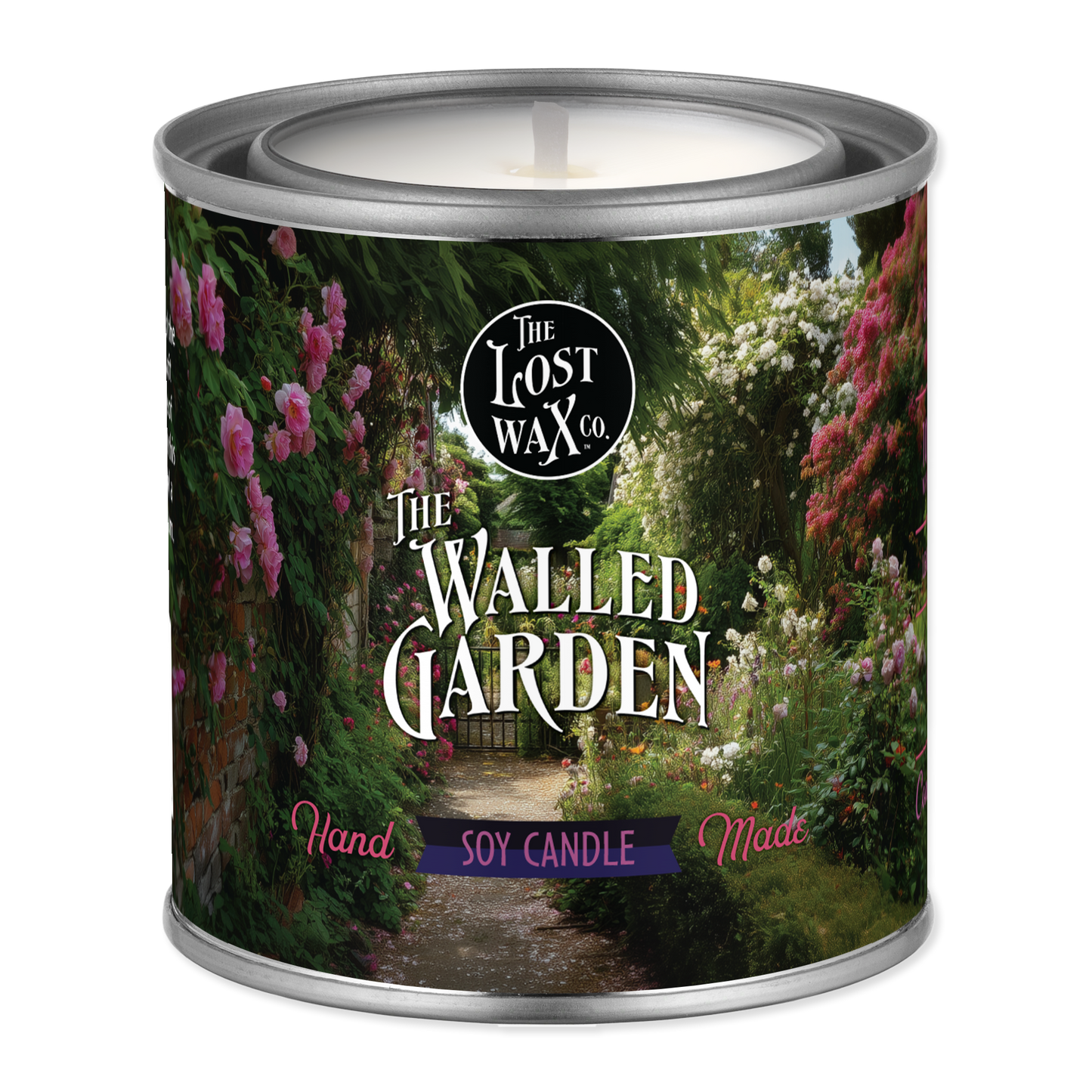 An unlit candle in a tin labeled "The Walled Garden"