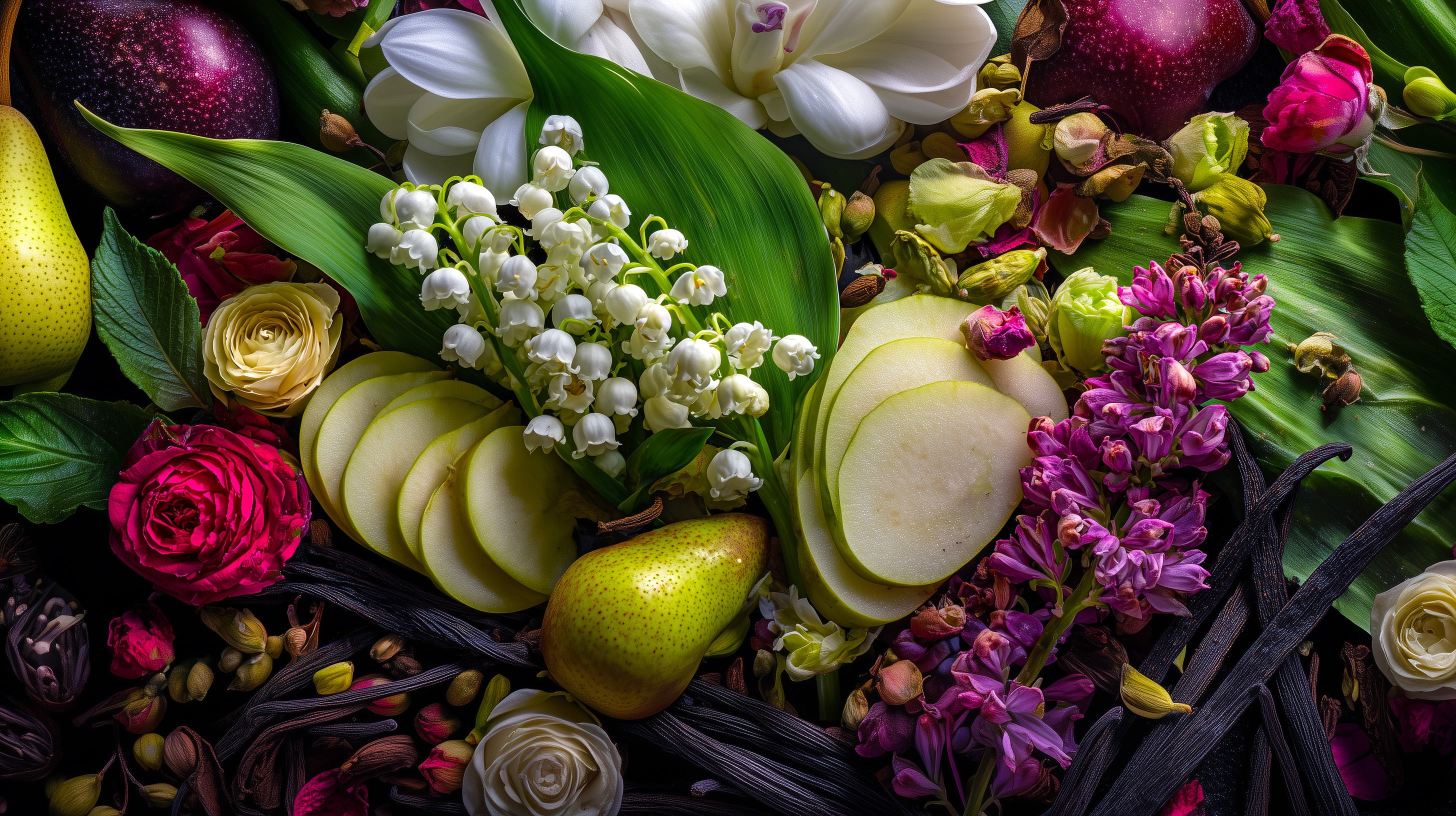Colorful arrangement of sliced fruits and flowers with a focus on lily of the valley.