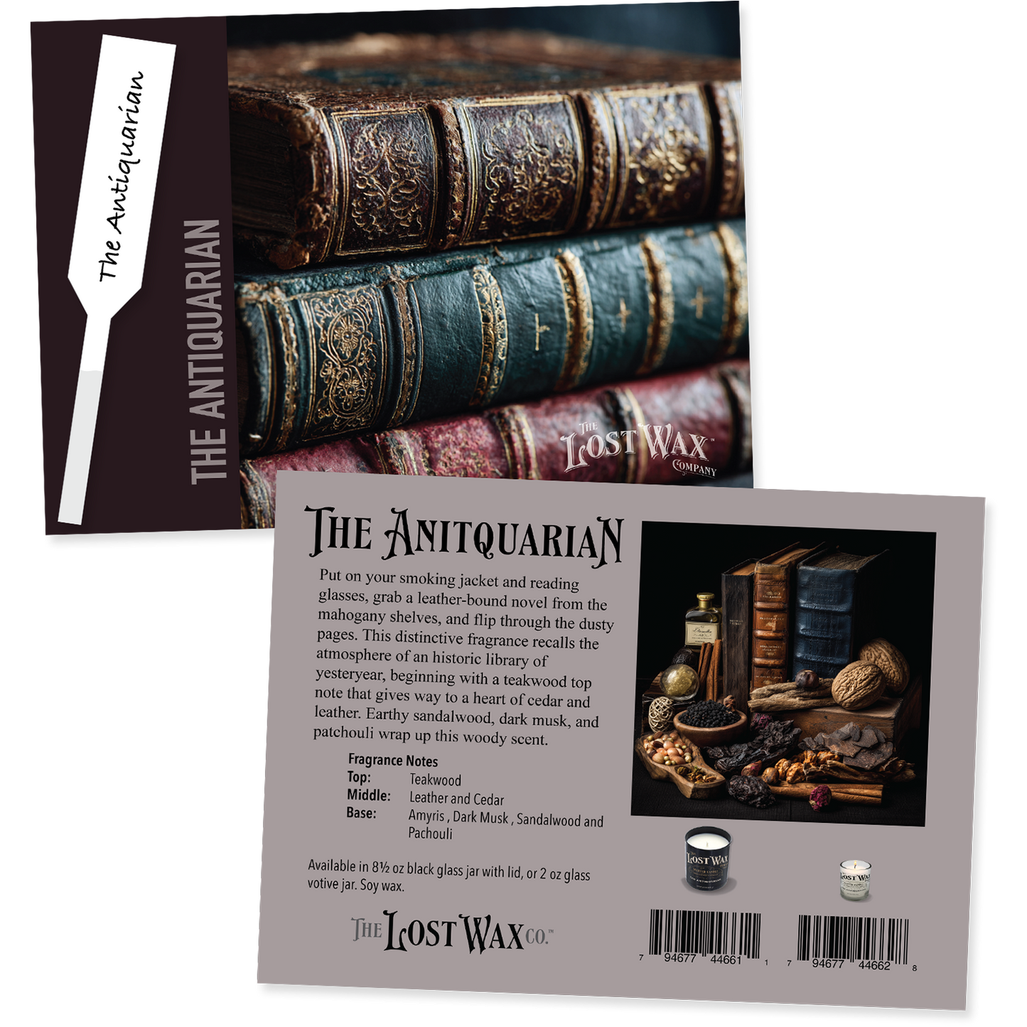 Fragrance Sample Card for 'The Antiquarian' fragrance by The Lost Wax Co., featuring vintage books and a description card.