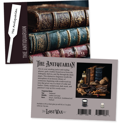 Fragrance Sample Card for 'The Antiquarian' fragrance by The Lost Wax Co., featuring vintage books and a description card.