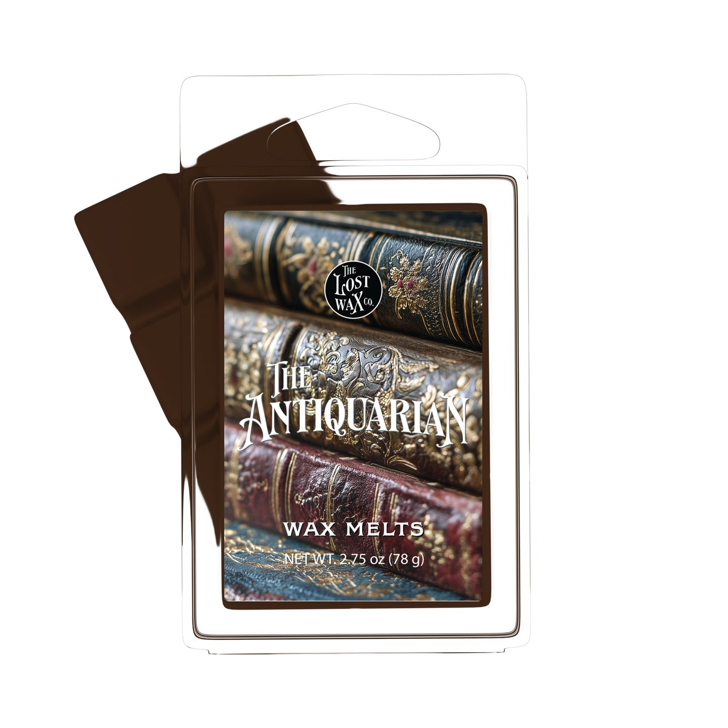 Wax Melt package with 'The Antiquarian' design featuring stacked books on a white background