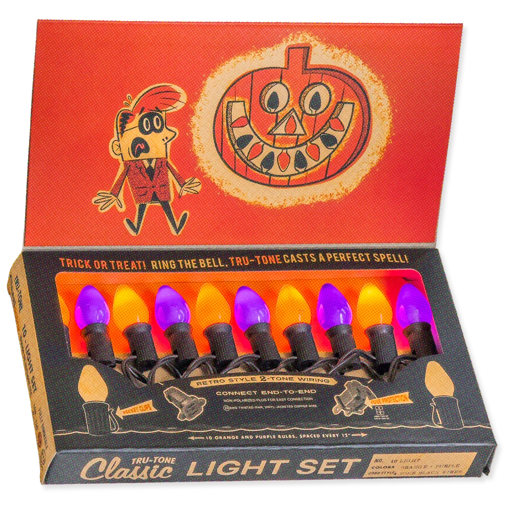 A boxed Tru-Tone Classic Light Set with eight retro-style bulb lights in orange, yellow, and purple, shown with the open red-and-black packaging and printed lid artwork.