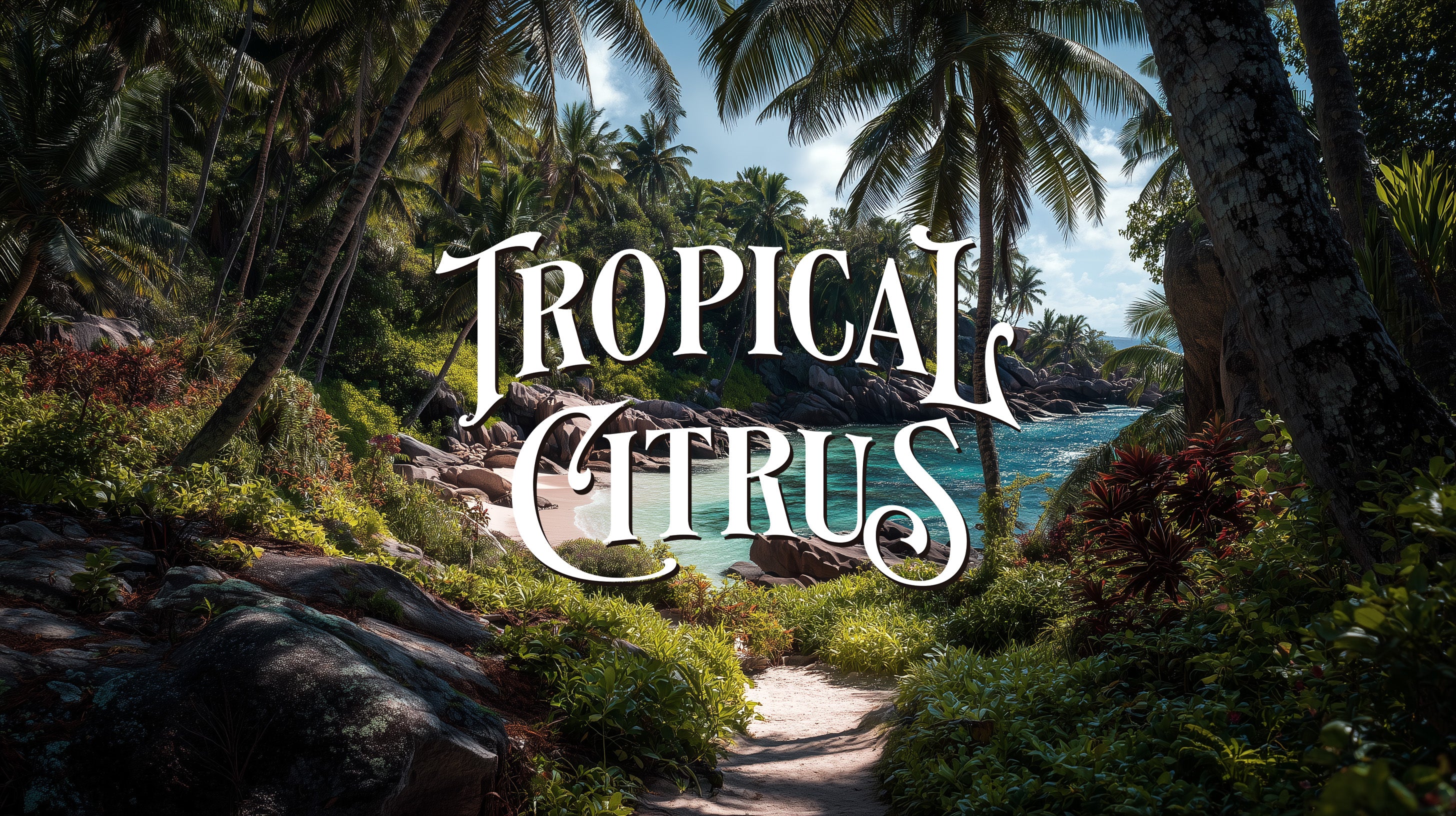 Tropical landscape with palm trees and a path leading to a body of water, featuring the text 'Tropical Citrus'.