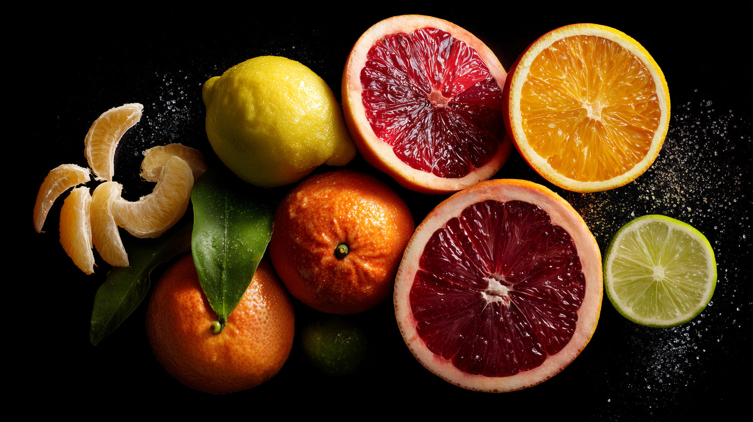 Assorted citrus fruits including blood oranges, lemons, and limes on a dark background