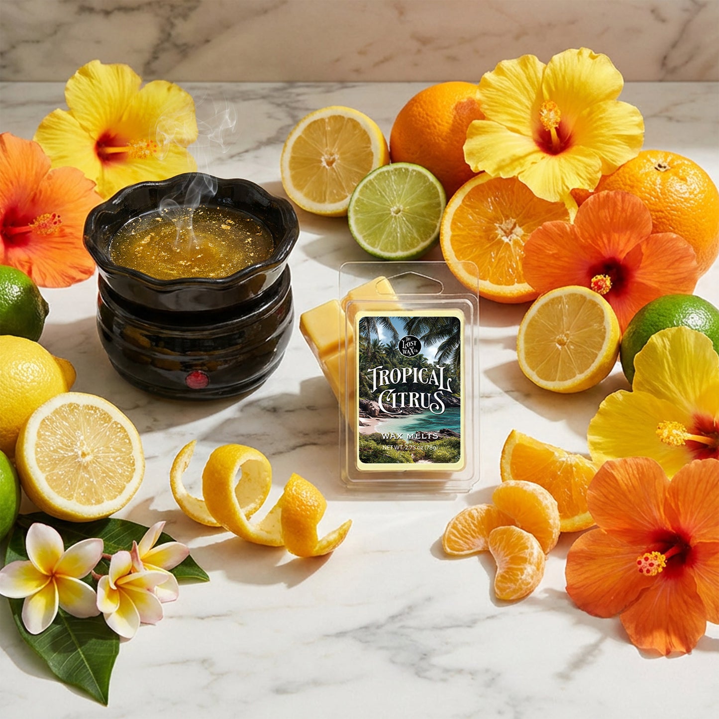 Tropical Citrus Wax Melts with lemons, oranges, and flowers on a marble surface