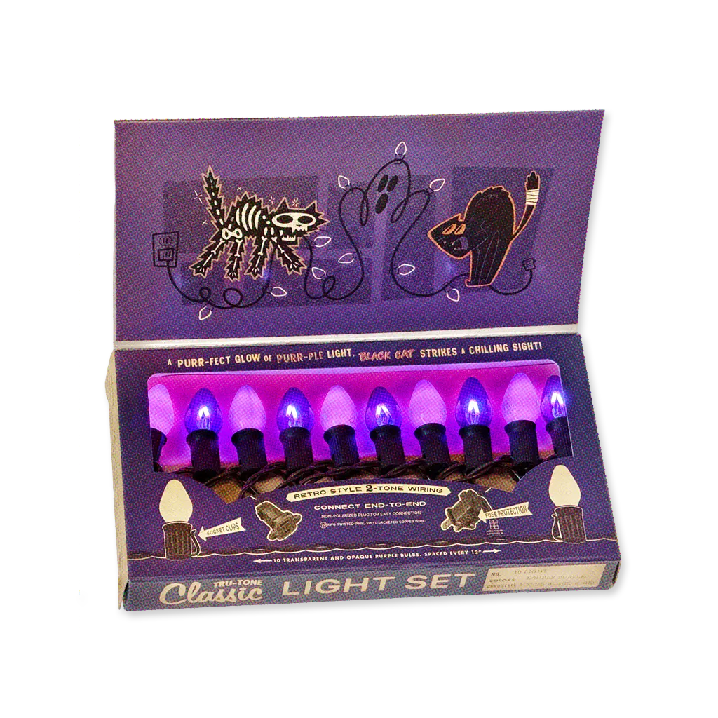 Open box with retro-style purple holiday lights glowing.