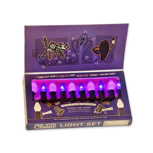 Open box with retro-style purple holiday lights glowing.