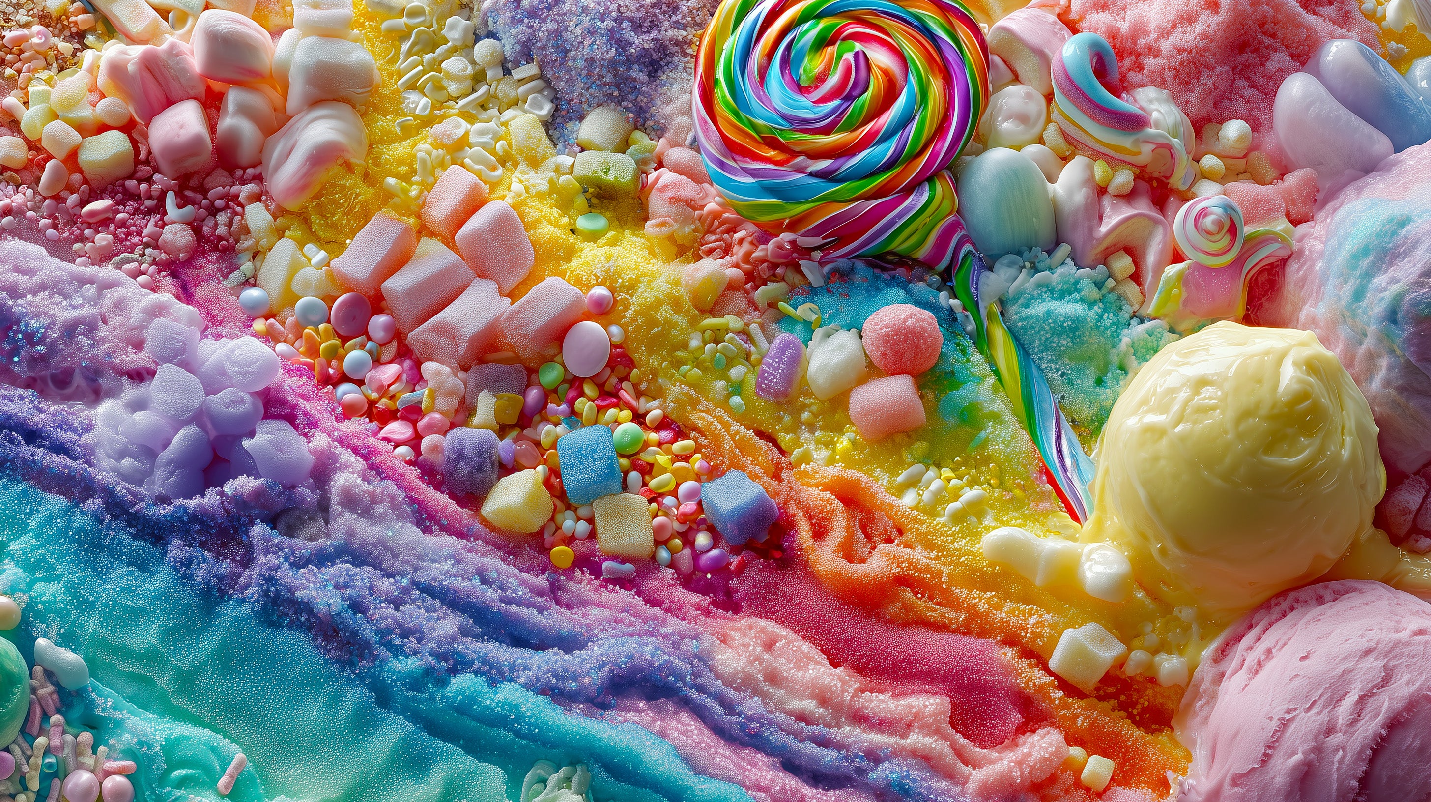 Colorful candy and ice cream with a rainbow lollipop.