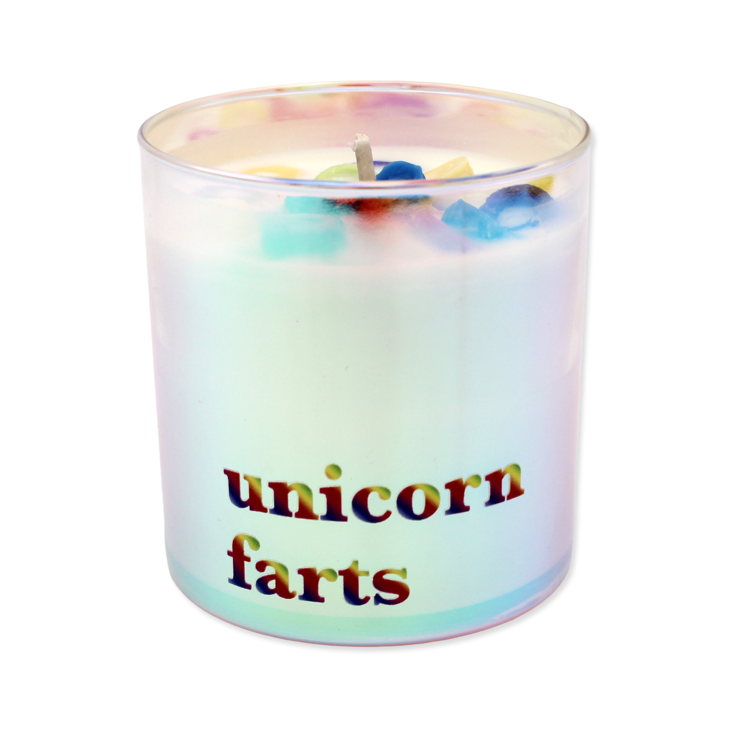 Candle in a glass holder with 'unicorn farts' text on a white background