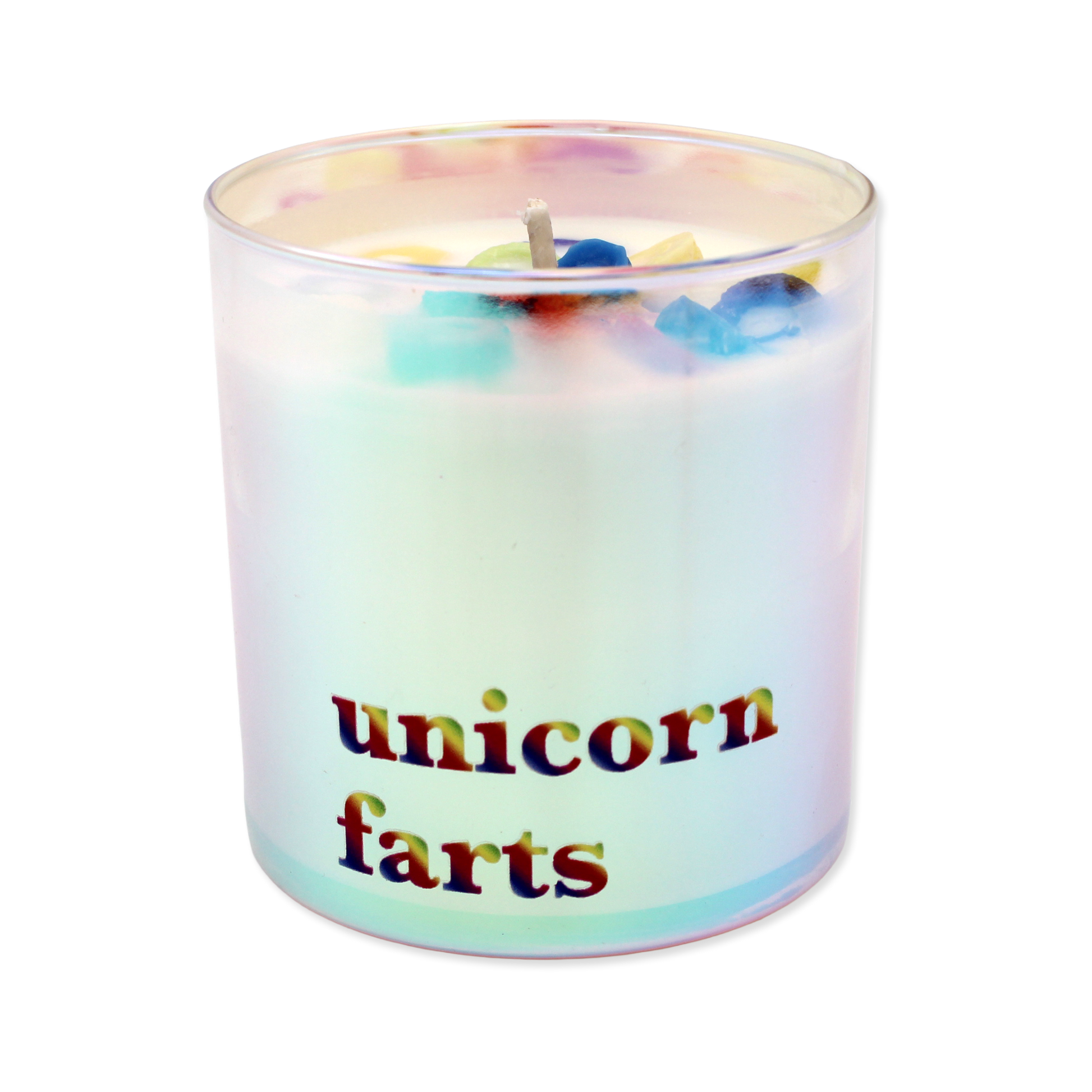 Candle in a glass holder with 'unicorn farts' text on a white background